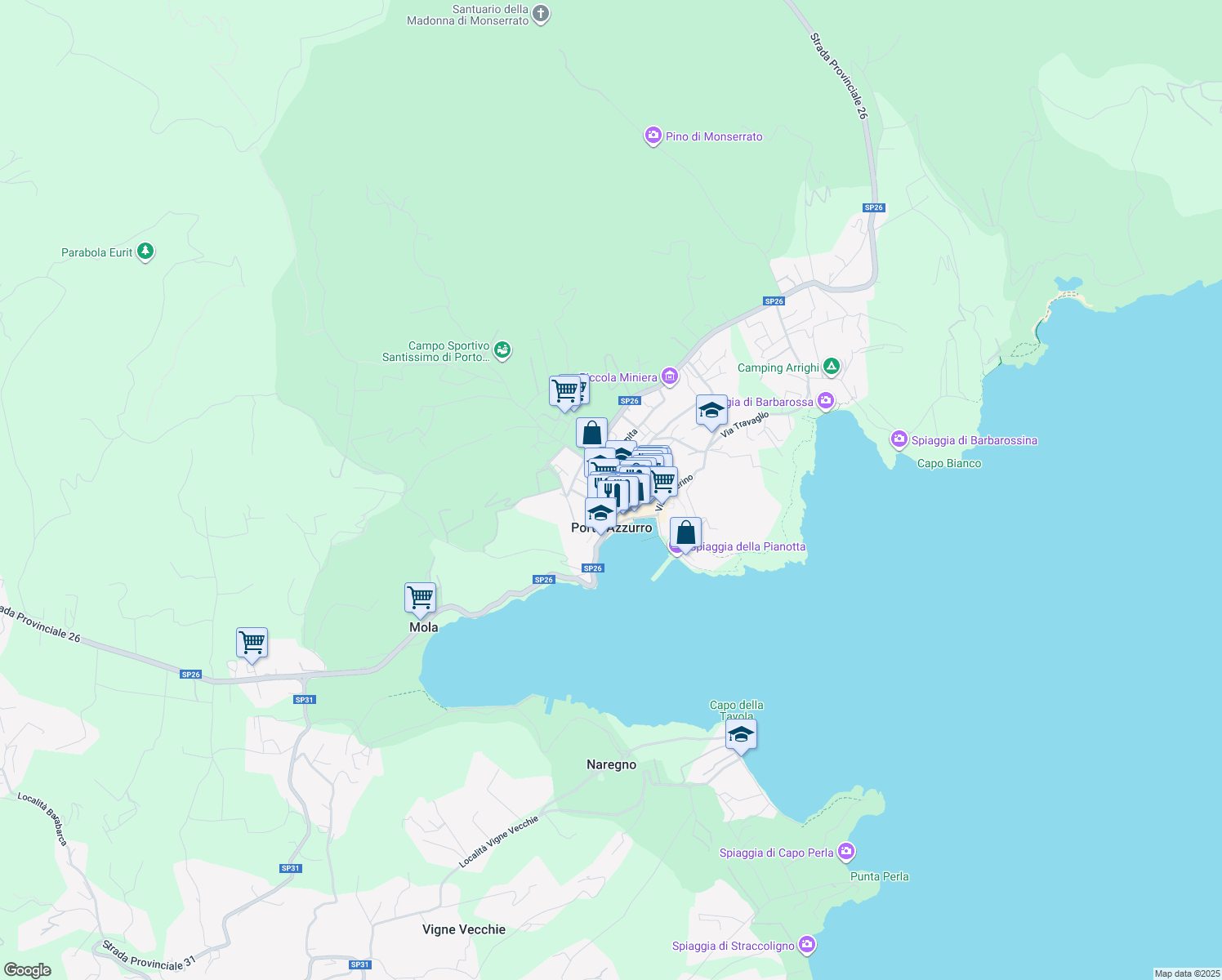 map of restaurants, bars, coffee shops, grocery stores, and more near 28 Via Guglielmo Marconi in Porto Azzurro