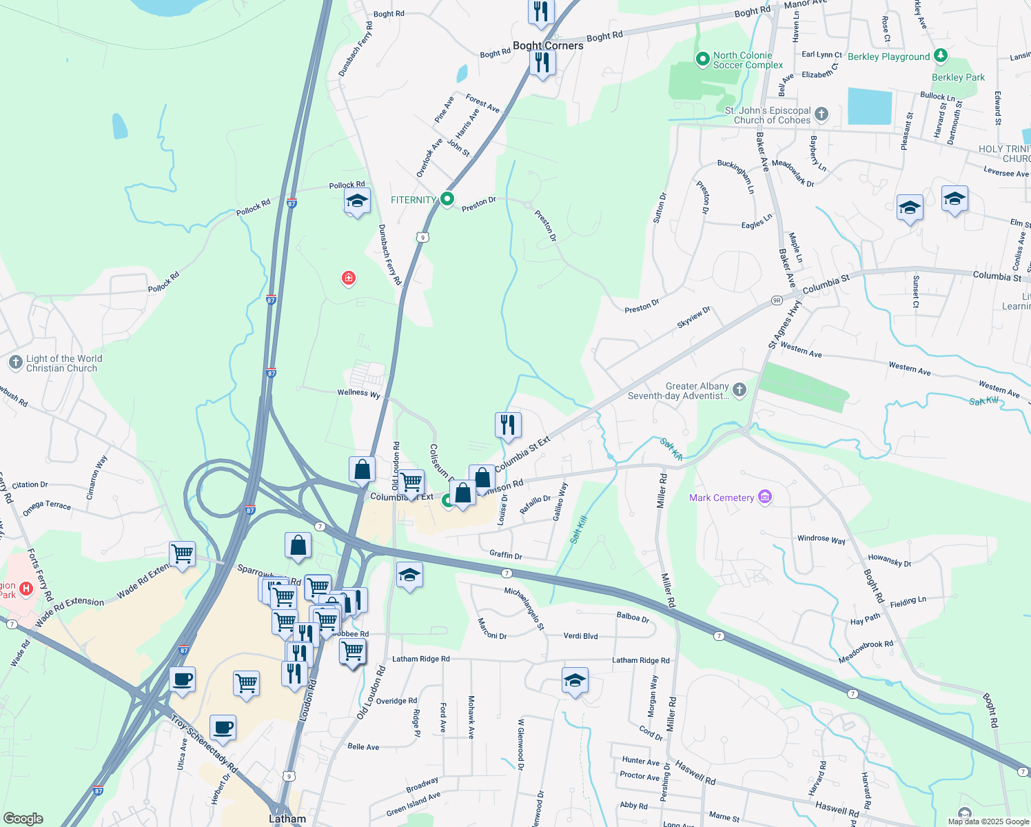 map of restaurants, bars, coffee shops, grocery stores, and more near 14 Delta Boulevard in Cohoes