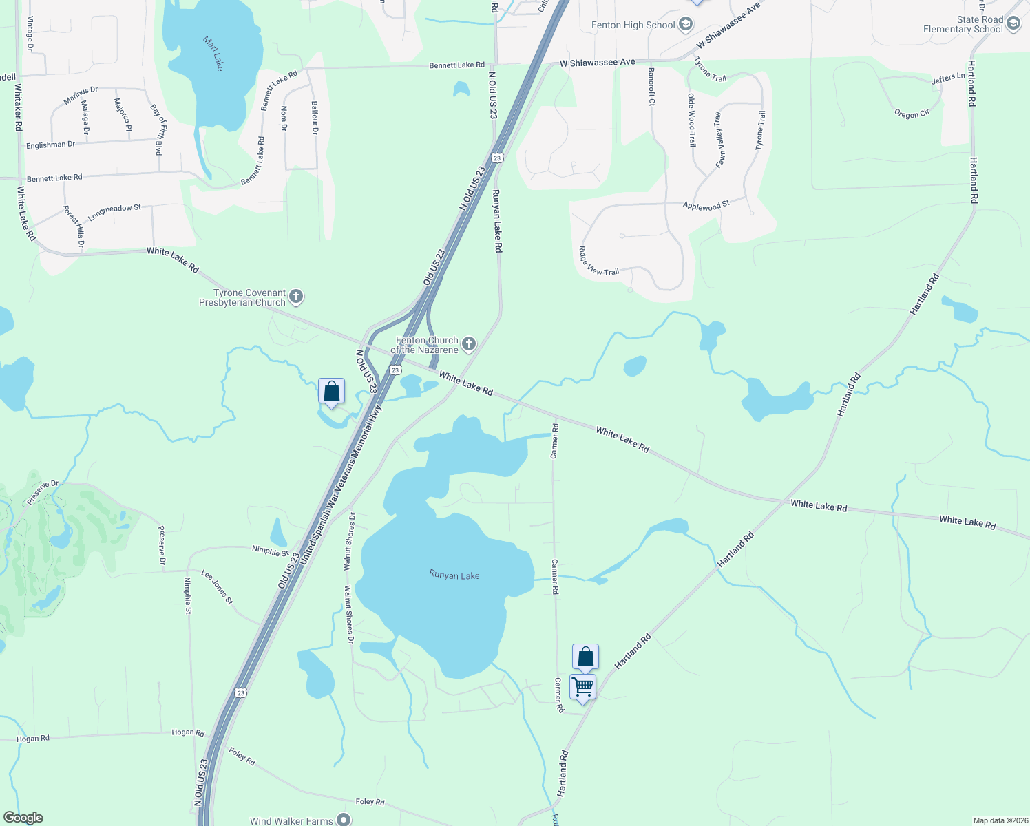 map of restaurants, bars, coffee shops, grocery stores, and more near 11026 White Lake Road in Fenton