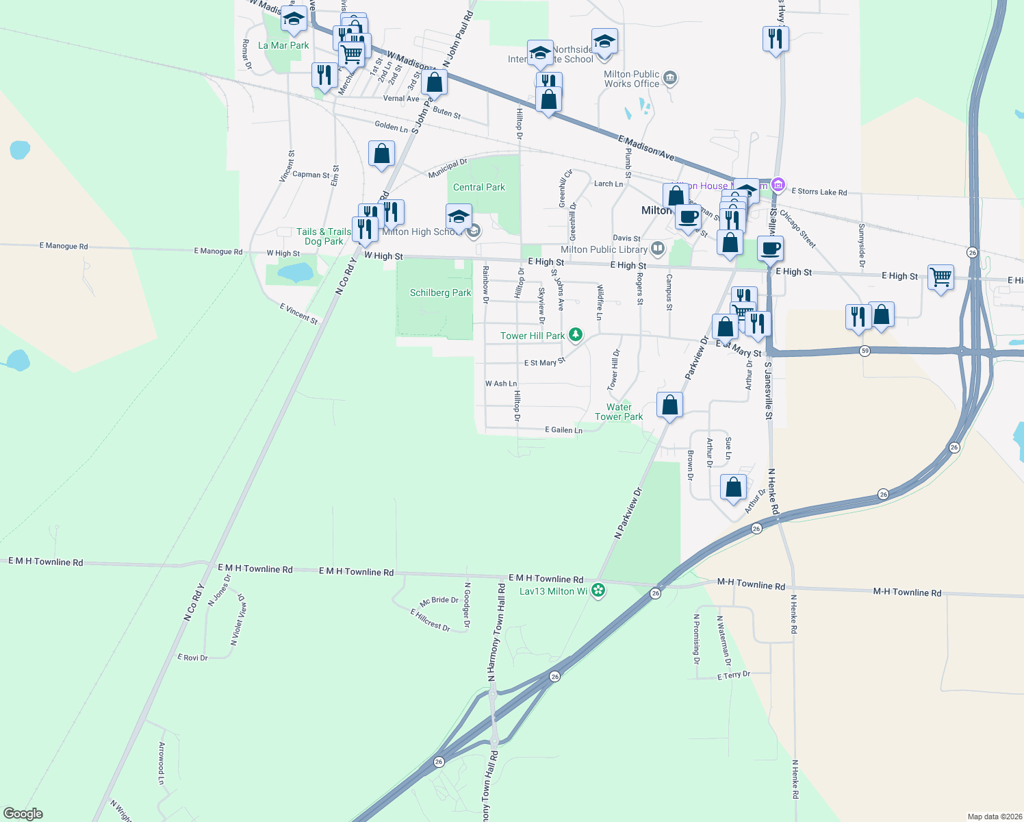 map of restaurants, bars, coffee shops, grocery stores, and more near 7 West Evergreen Lane in Milton