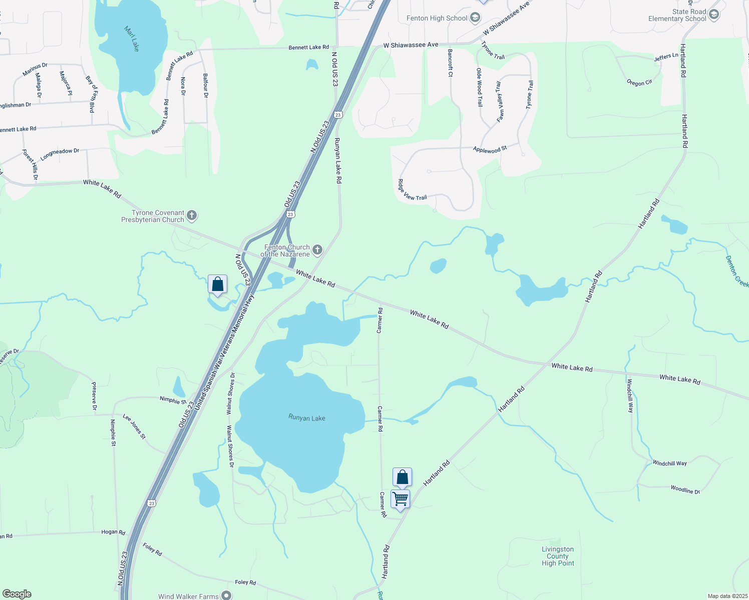 map of restaurants, bars, coffee shops, grocery stores, and more near 11047 White Lake Road in Fenton