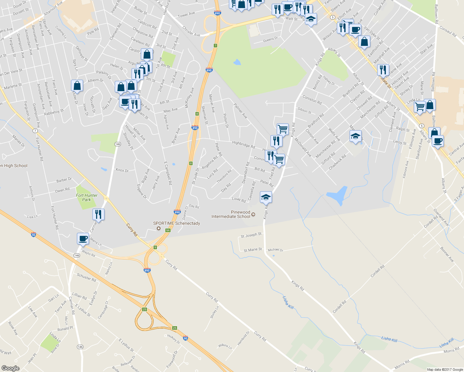 map of restaurants, bars, coffee shops, grocery stores, and more near 1029 Day Road in Schenectady