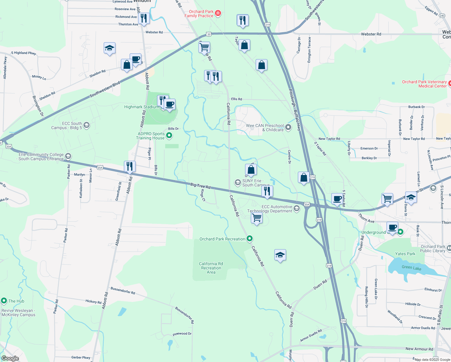 map of restaurants, bars, coffee shops, grocery stores, and more near 4282 California Rd in Orchard Park