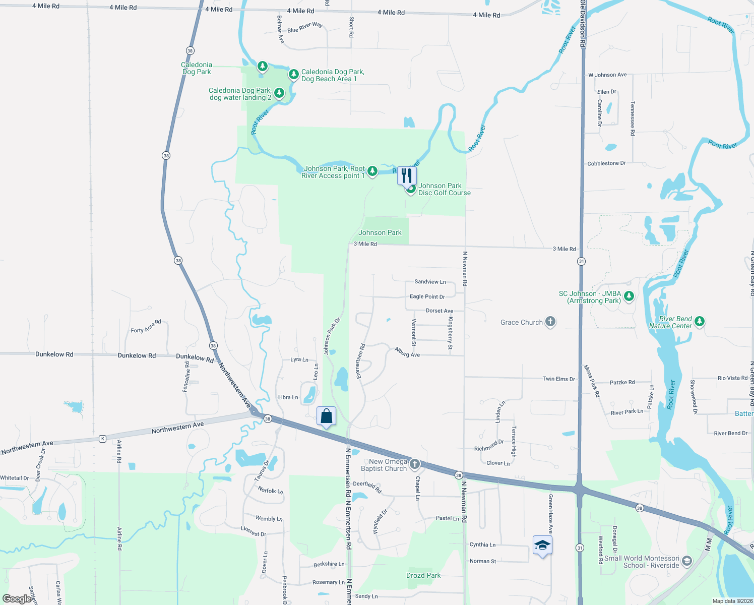 map of restaurants, bars, coffee shops, grocery stores, and more near 3711 Emmertsen Rd in Racine
