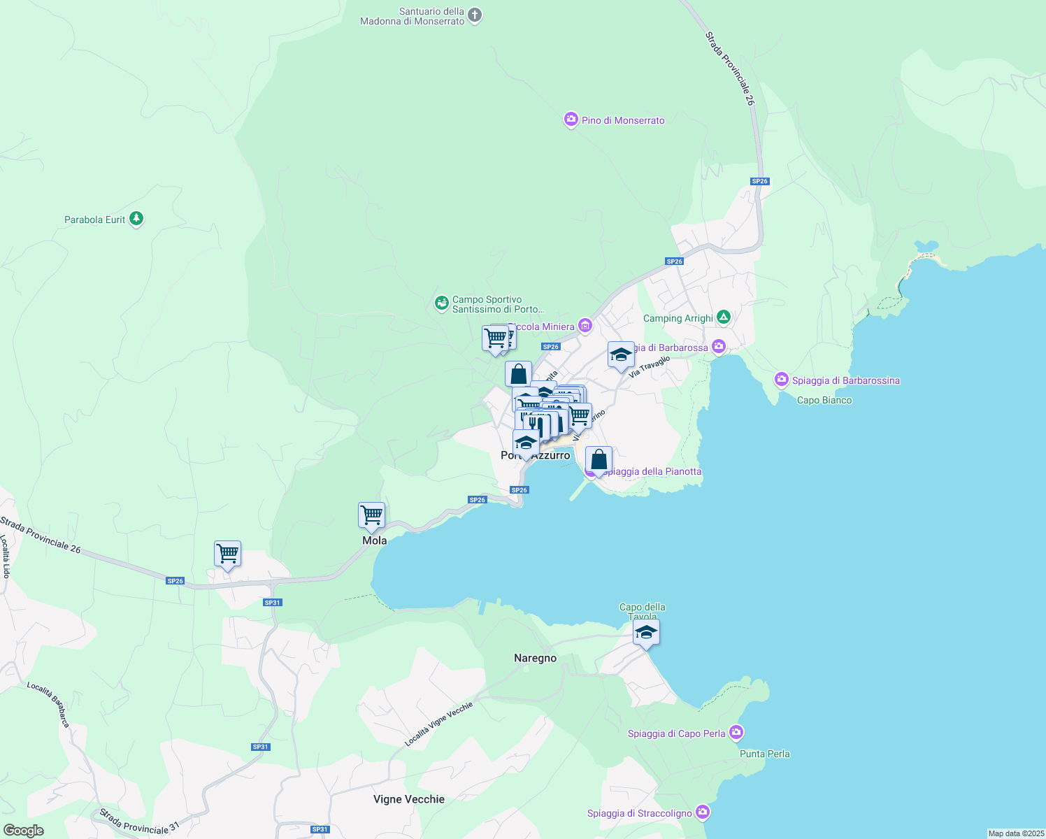 map of restaurants, bars, coffee shops, grocery stores, and more near 32 Viale Italia in Porto Azzurro