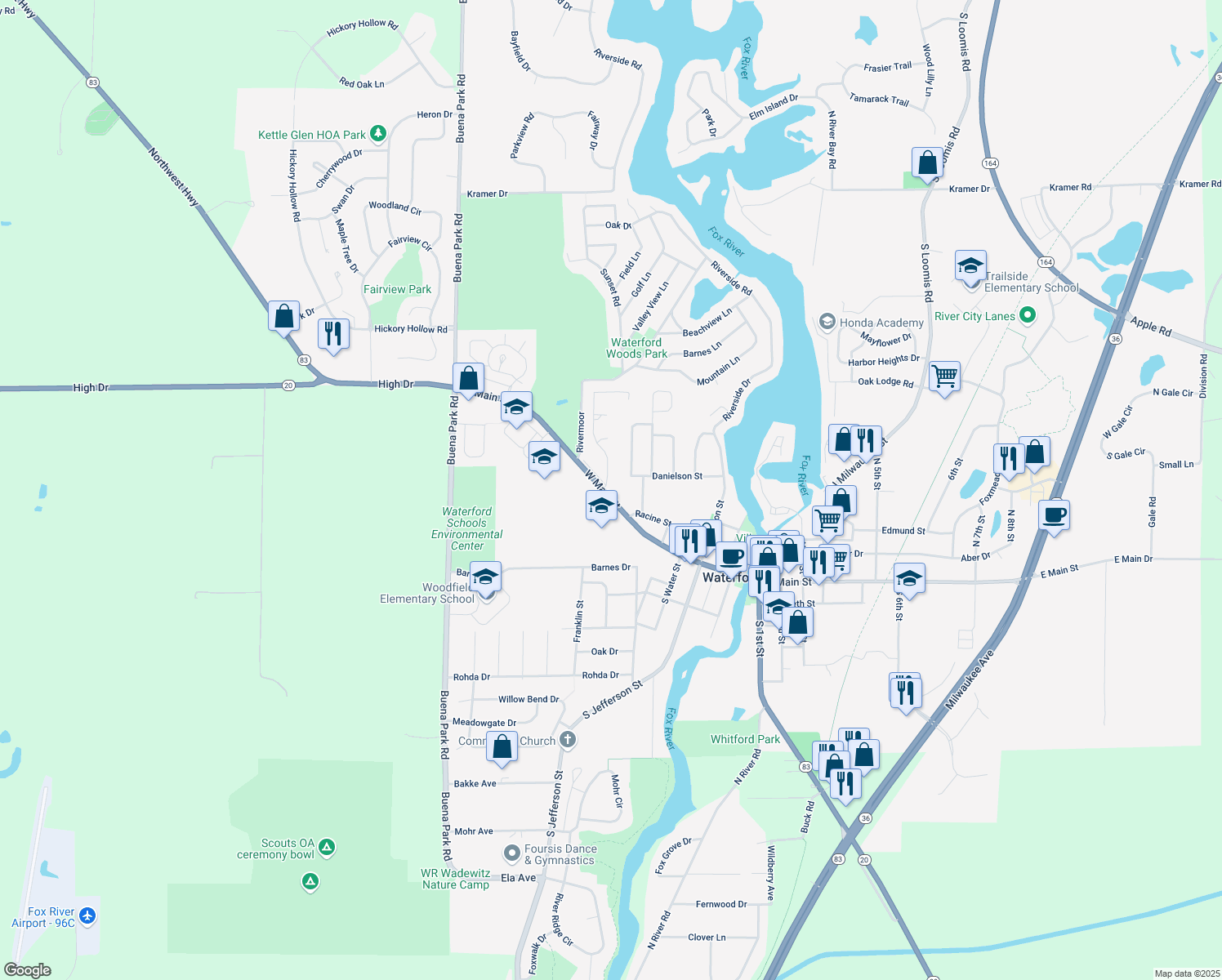 map of restaurants, bars, coffee shops, grocery stores, and more near 622 W Main St in Waterford