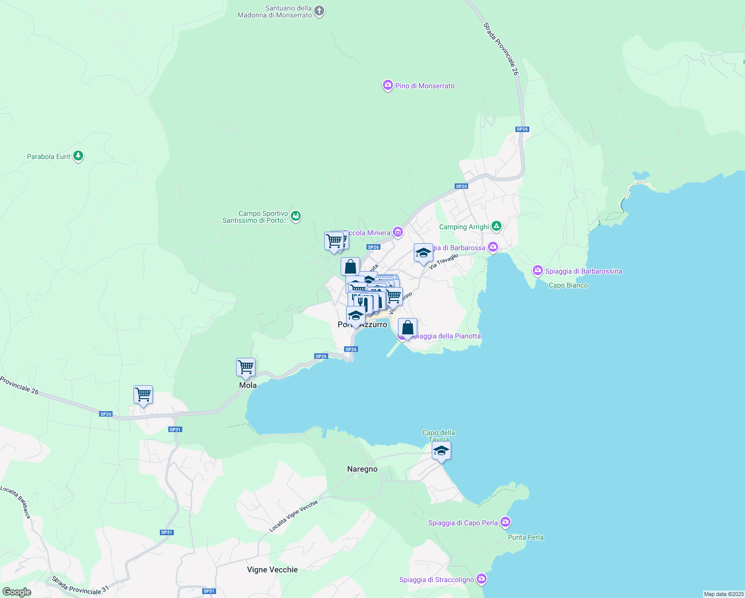 map of restaurants, bars, coffee shops, grocery stores, and more near 28 Via Guglielmo Marconi in Porto Azzurro