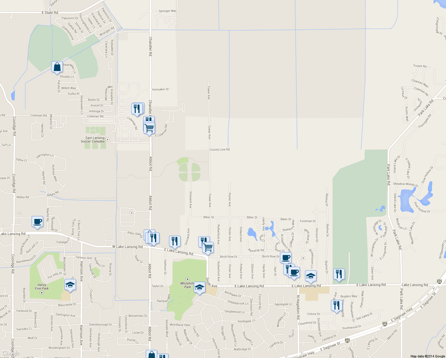 map of restaurants, bars, coffee shops, grocery stores, and more near 6381 Porter Ave in East Lansing