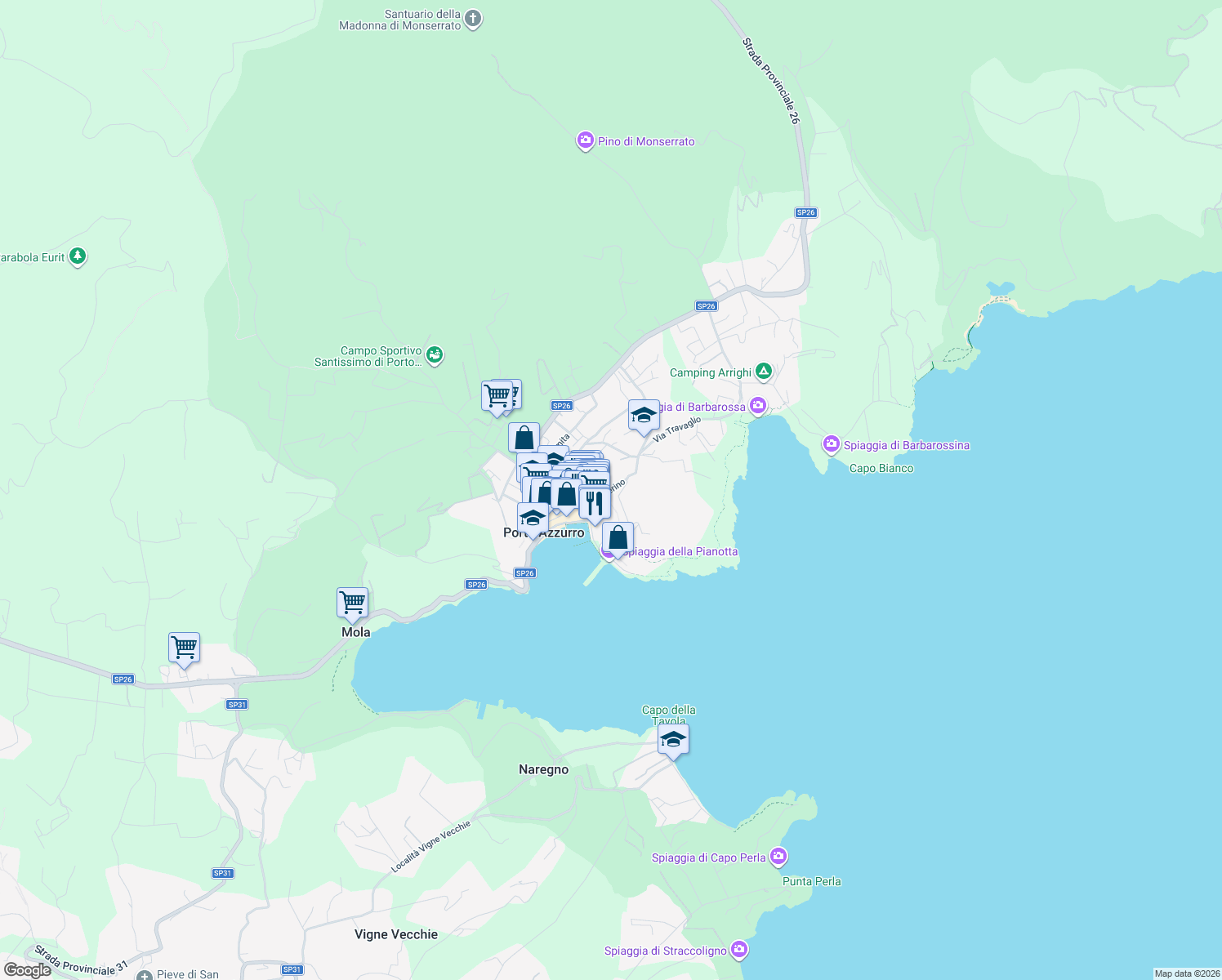 map of restaurants, bars, coffee shops, grocery stores, and more near 36 Via Solferino in Porto Azzurro
