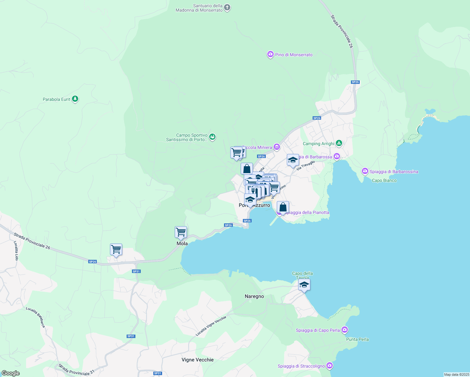 map of restaurants, bars, coffee shops, grocery stores, and more near 23 Via Neghelli in Porto Azzurro