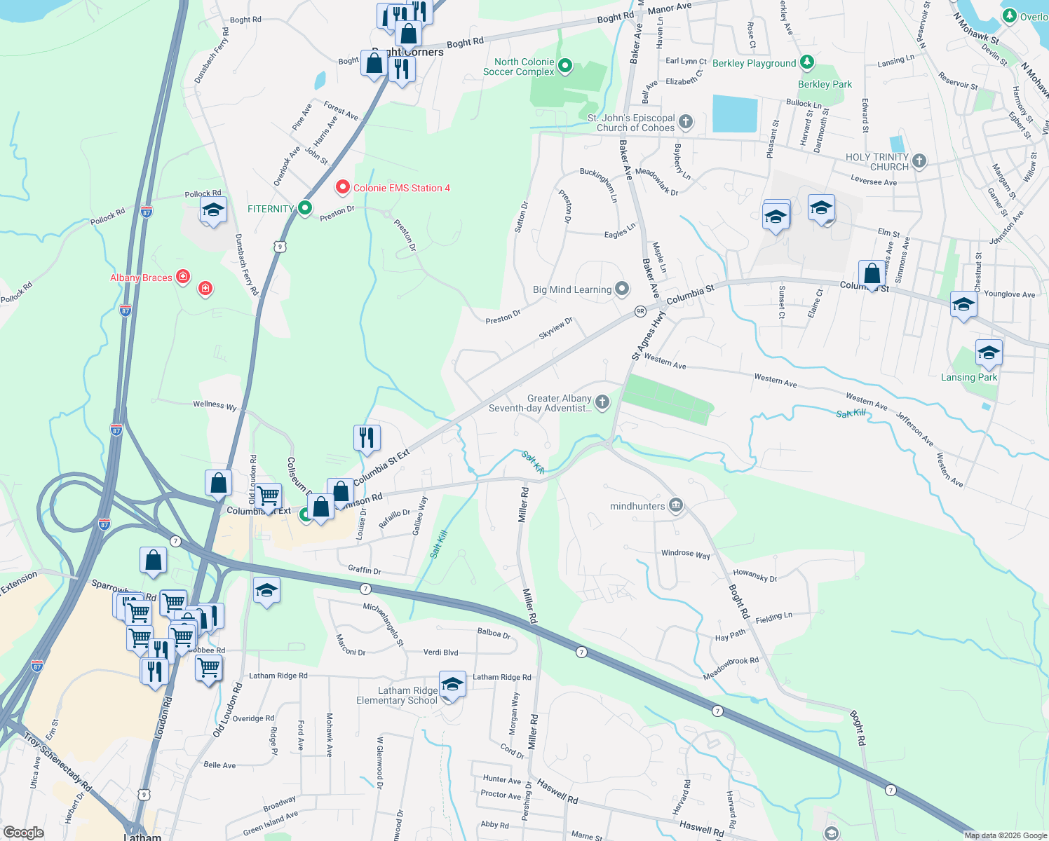 map of restaurants, bars, coffee shops, grocery stores, and more near 7 Bridget Cir in Cohoes