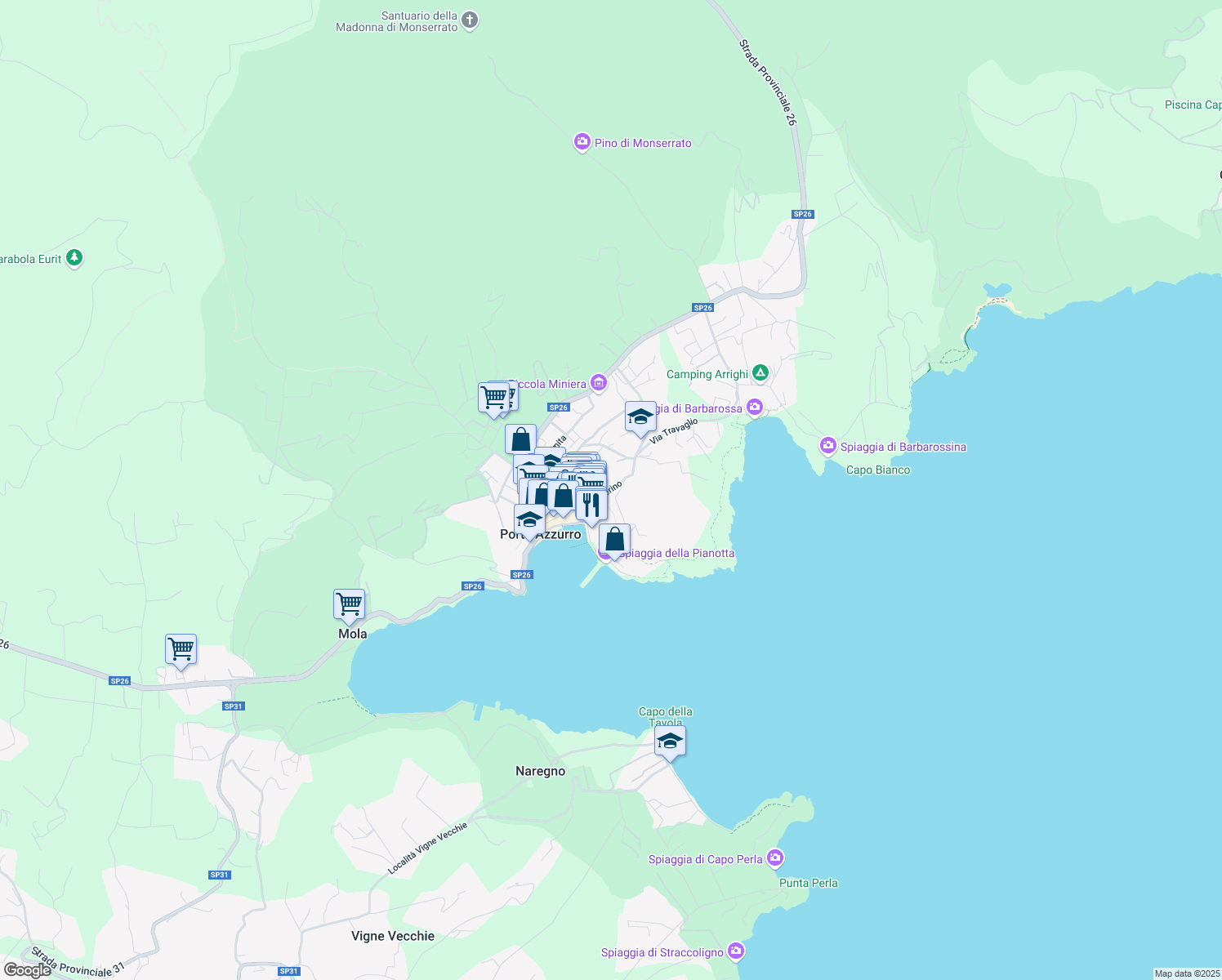 map of restaurants, bars, coffee shops, grocery stores, and more near 36 Via Solferino in Porto Azzurro