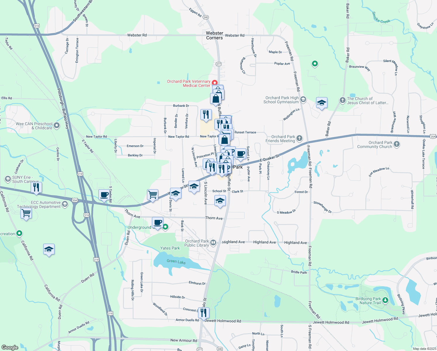map of restaurants, bars, coffee shops, grocery stores, and more near 6435 W Quaker St in Orchard Park
