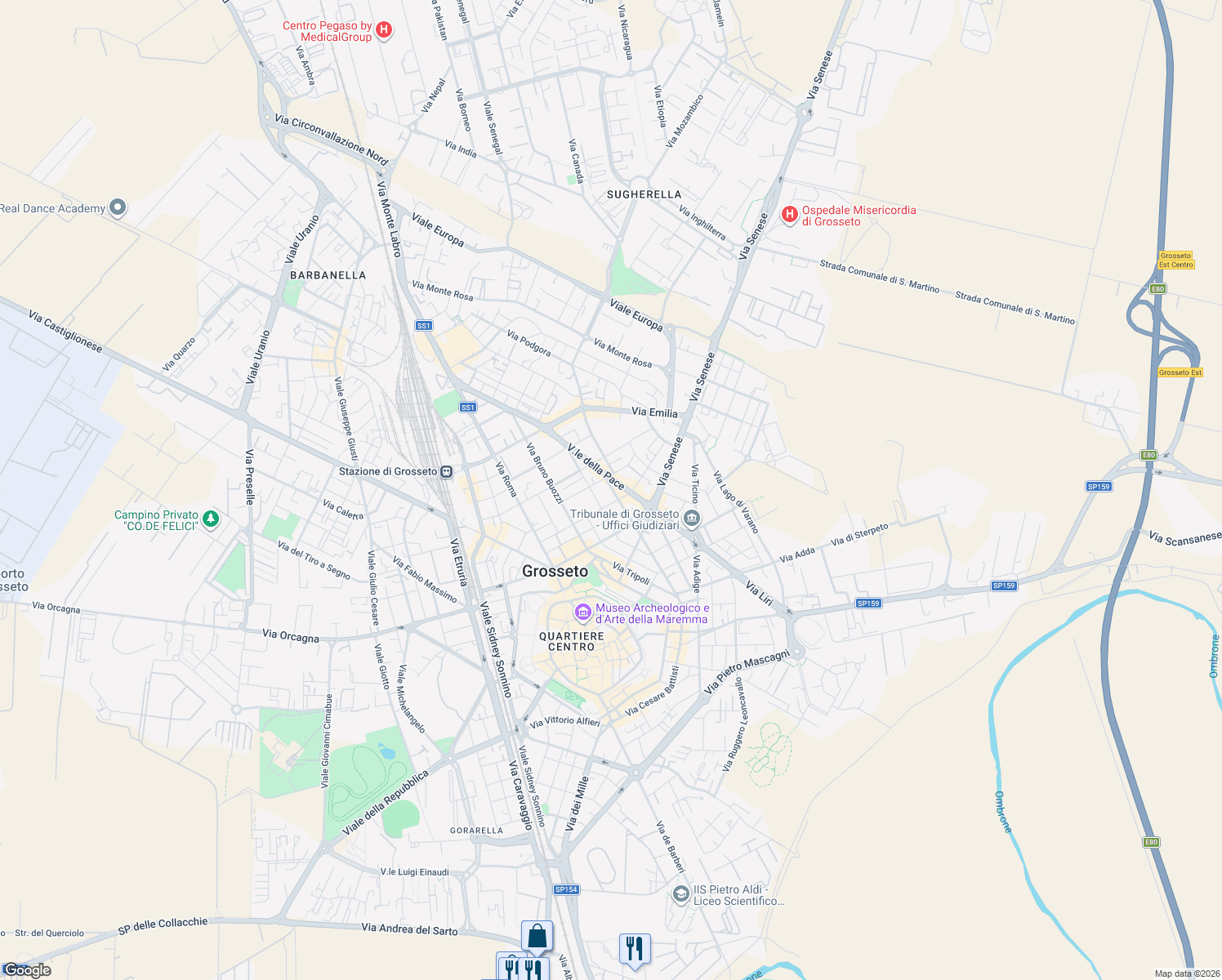 map of restaurants, bars, coffee shops, grocery stores, and more near 66 Via Aquileia in Grosseto