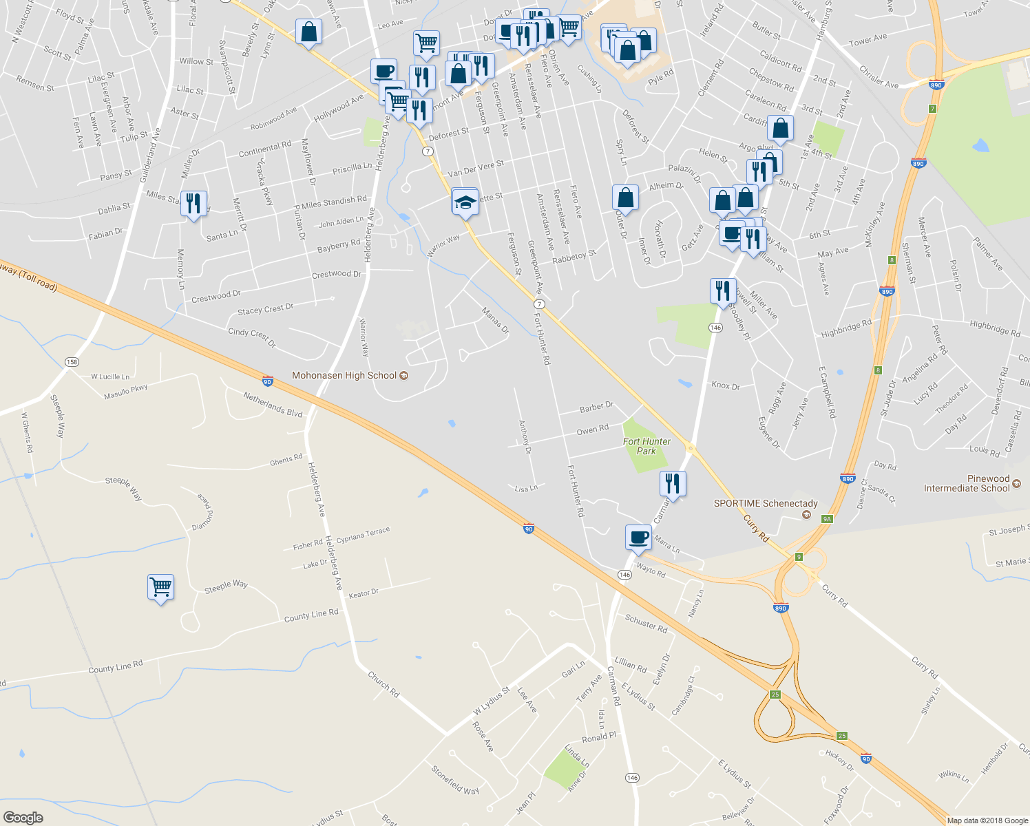 map of restaurants, bars, coffee shops, grocery stores, and more near 1011 Anthony Drive in Schenectady