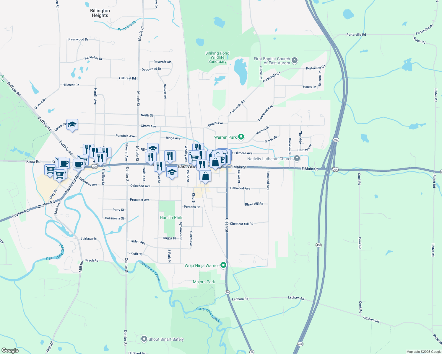 map of restaurants, bars, coffee shops, grocery stores, and more near 36 Temple Place in East Aurora
