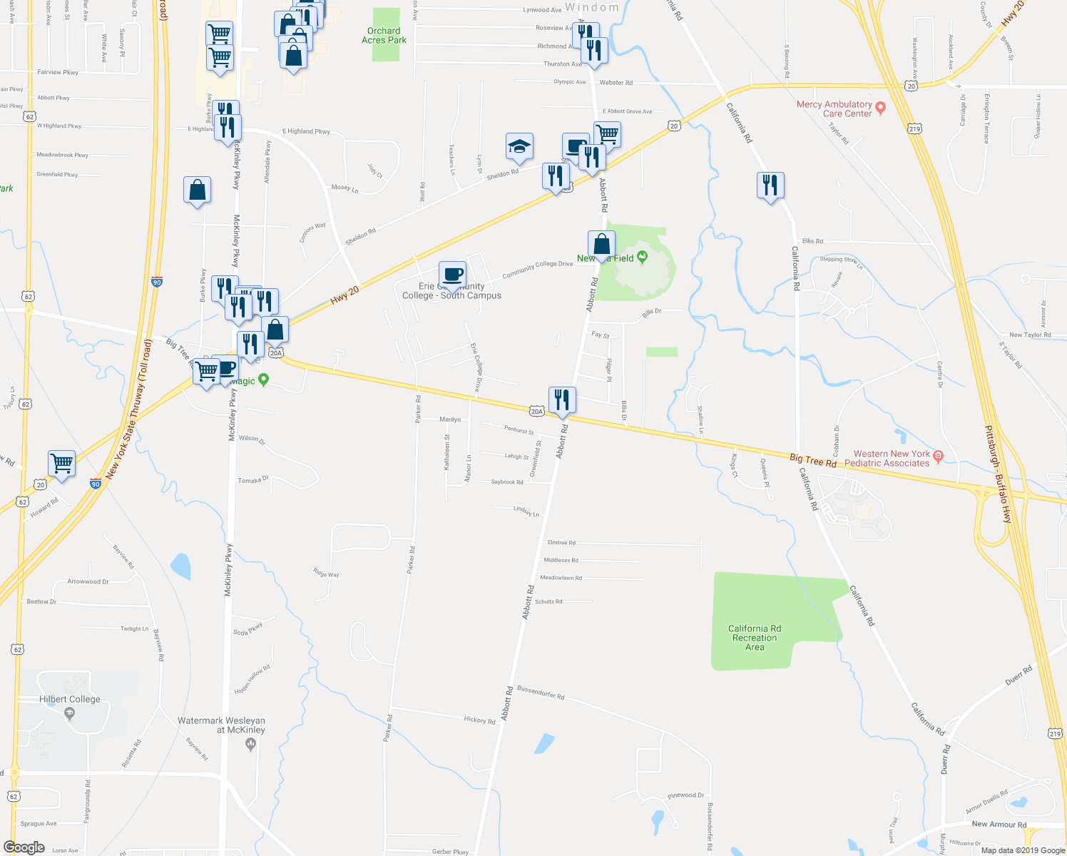 map of restaurants, bars, coffee shops, grocery stores, and more near 20 Penhurst Street in Orchard Park