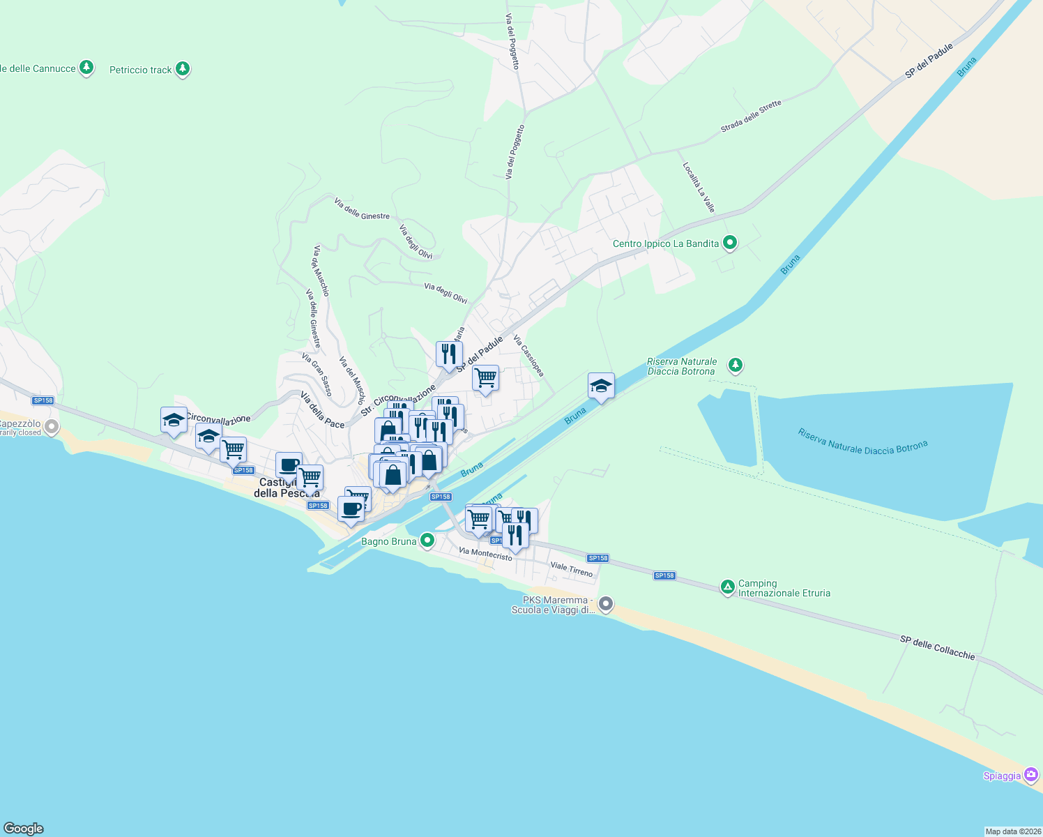 map of restaurants, bars, coffee shops, grocery stores, and more near 3 Via Orsa Maggiore in Castiglione della Pescaia