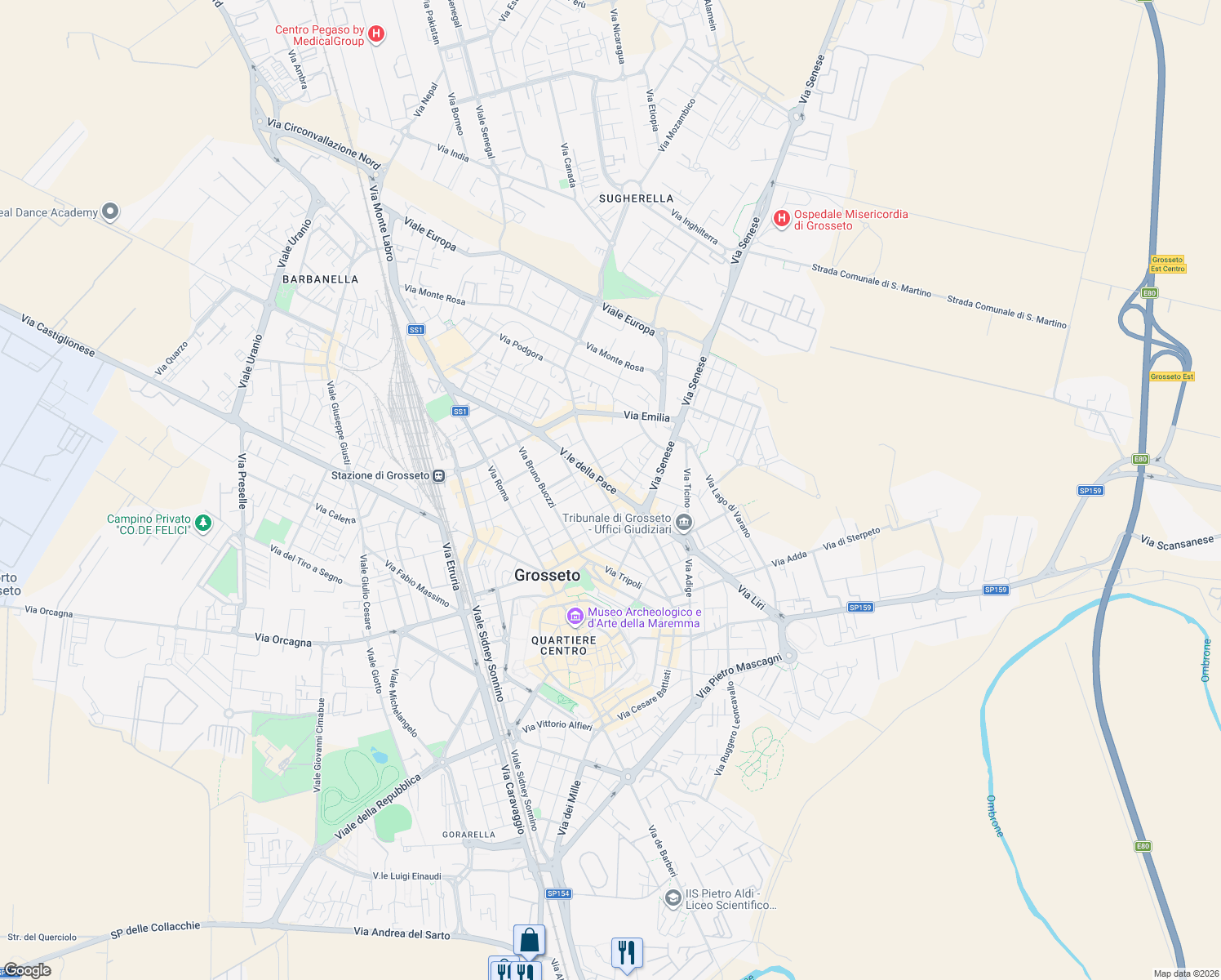 map of restaurants, bars, coffee shops, grocery stores, and more near 66 Via Aquileia in Grosseto