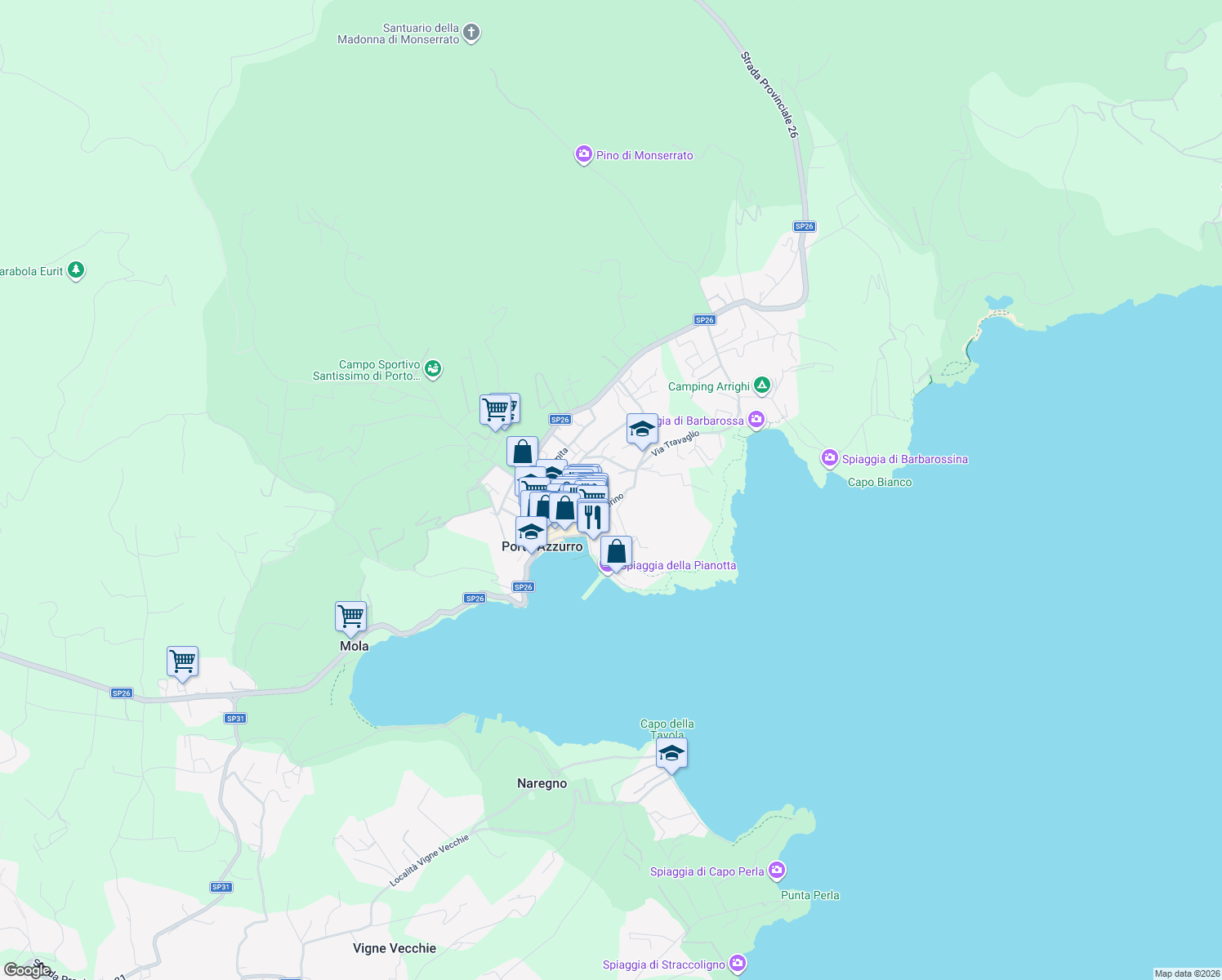 map of restaurants, bars, coffee shops, grocery stores, and more near 36 Via Solferino in Porto Azzurro