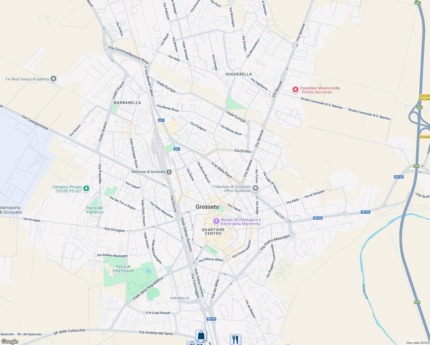 map of restaurants, bars, coffee shops, grocery stores, and more near 183 Via della Pace in Grosseto