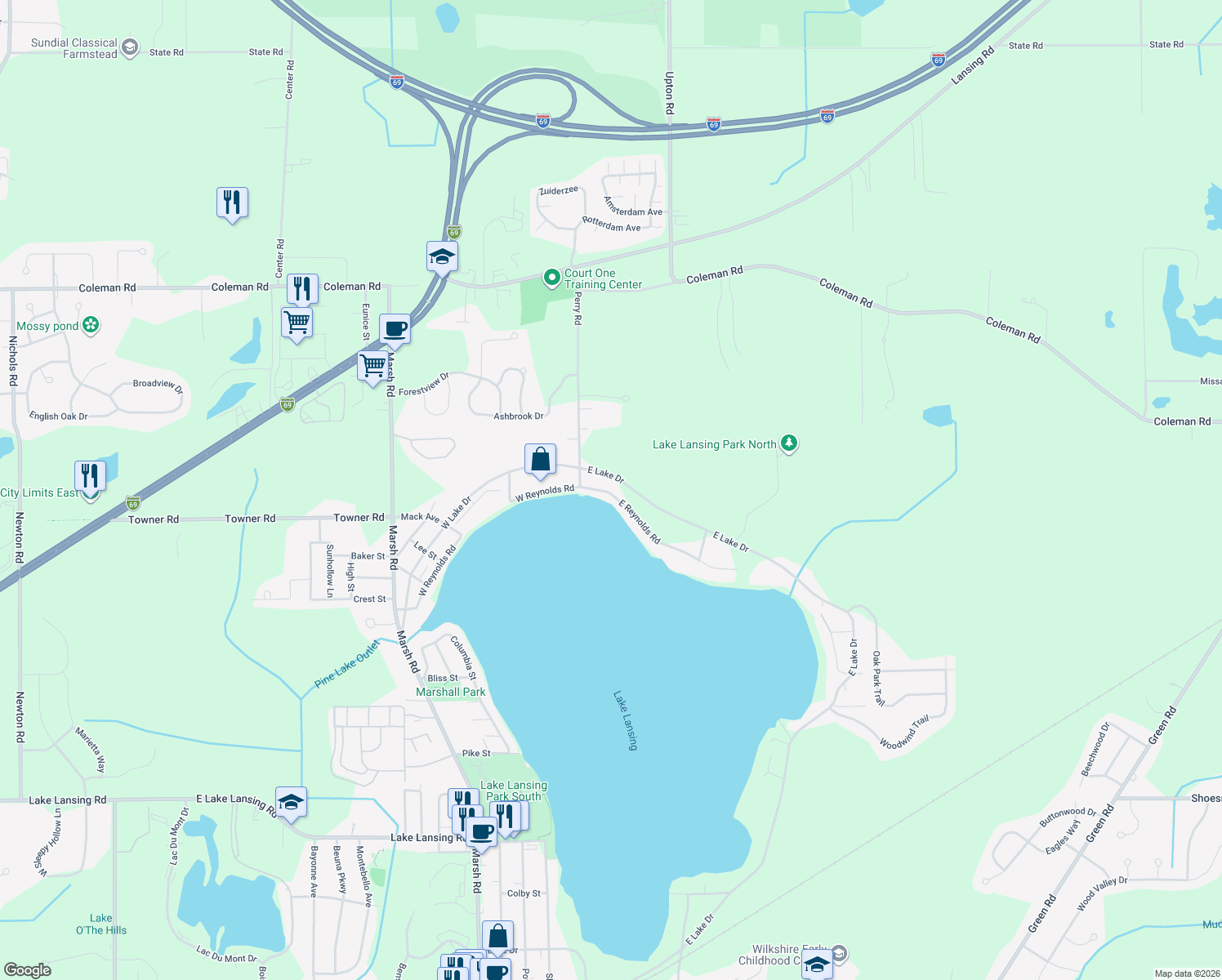 map of restaurants, bars, coffee shops, grocery stores, and more near 6411 East Reynolds Road in Meridian Charter Township