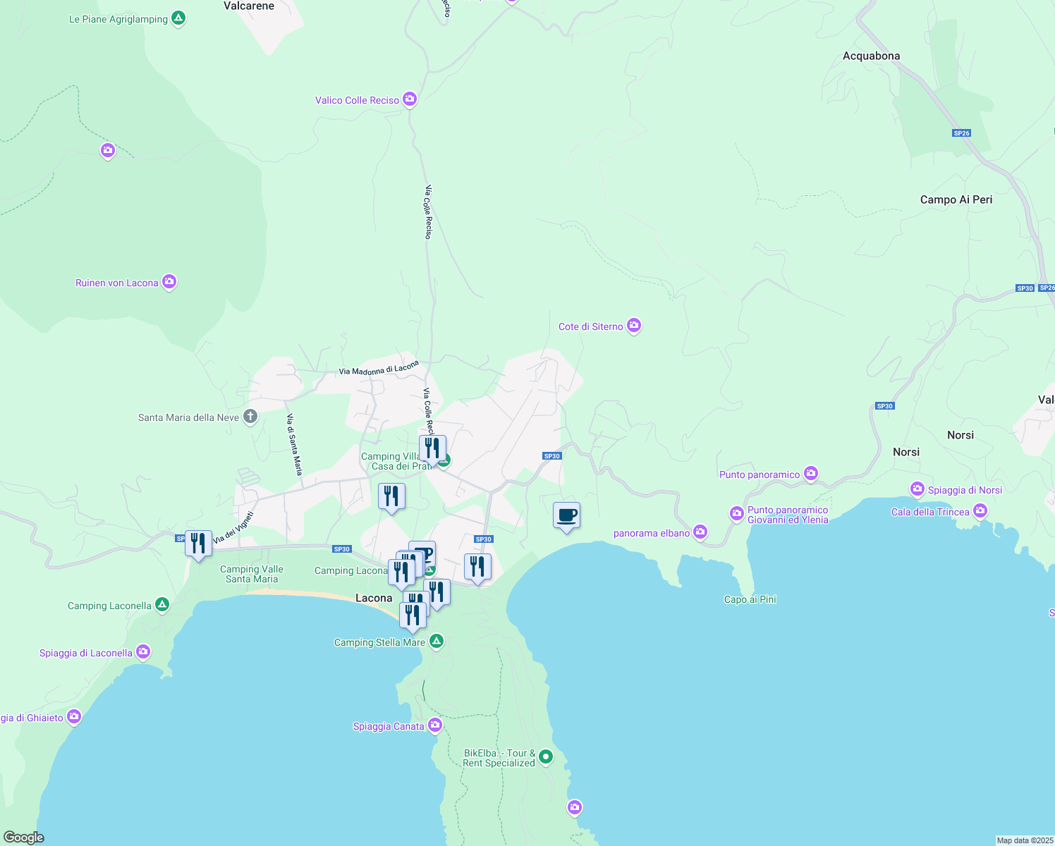 map of restaurants, bars, coffee shops, grocery stores, and more near 377D Via del Canale in Lacona