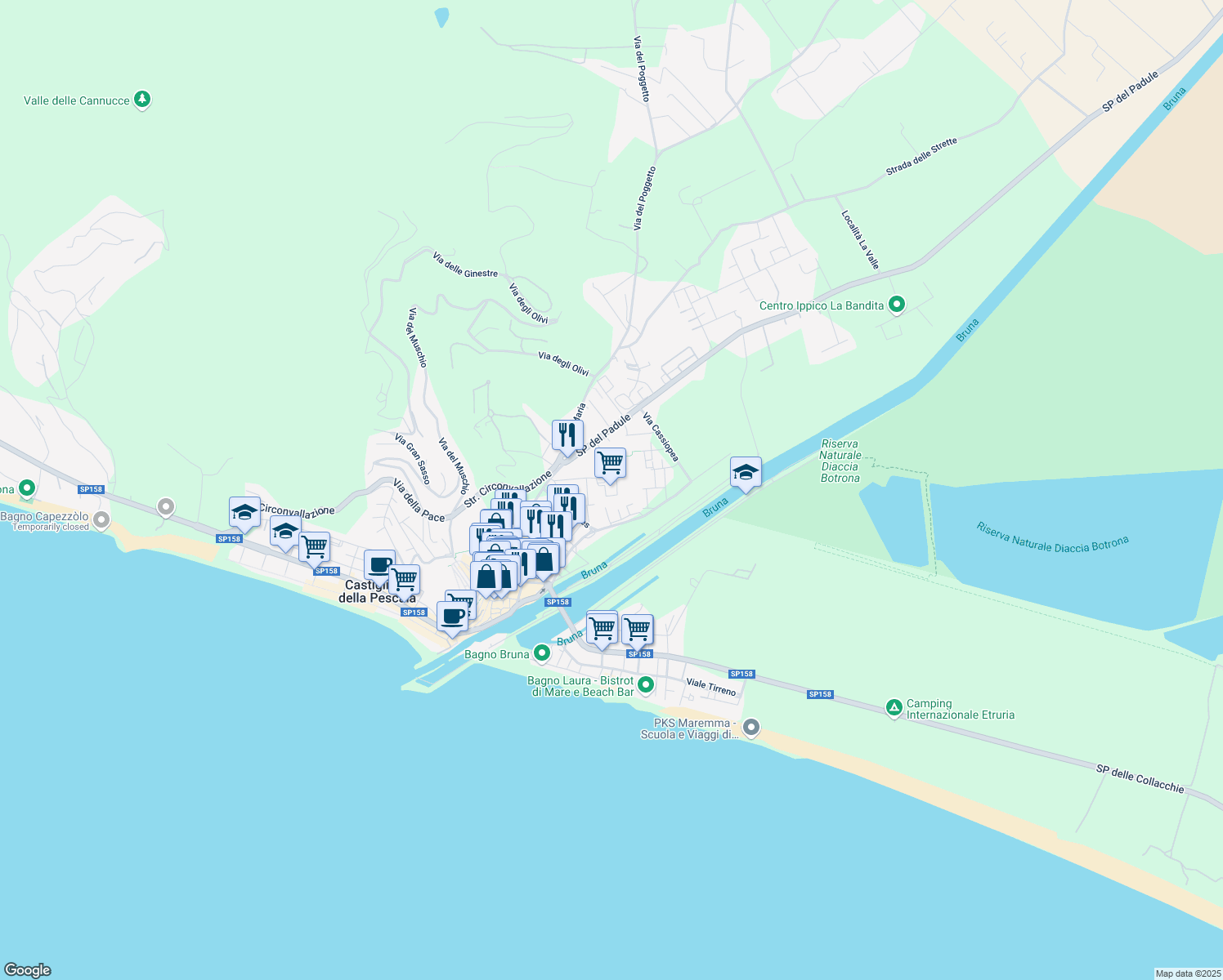 map of restaurants, bars, coffee shops, grocery stores, and more near 8 Via Orsa Maggiore in Castiglione della Pescaia