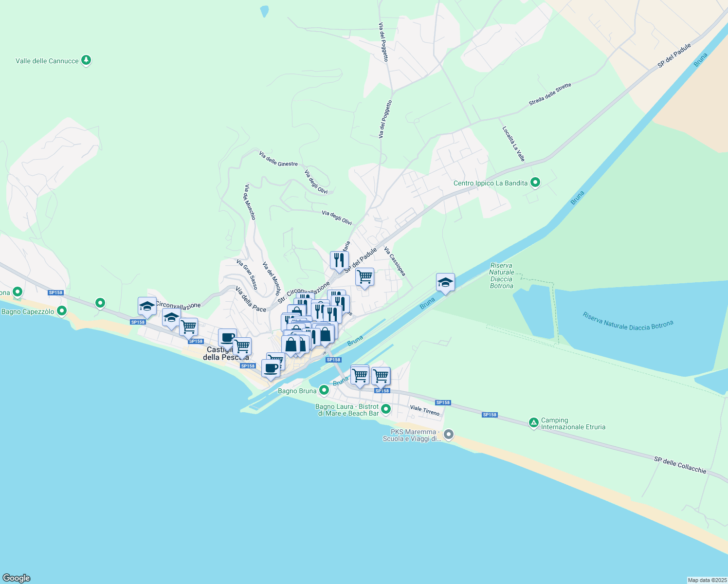 map of restaurants, bars, coffee shops, grocery stores, and more near 8 Via Orsa Maggiore in Castiglione della Pescaia