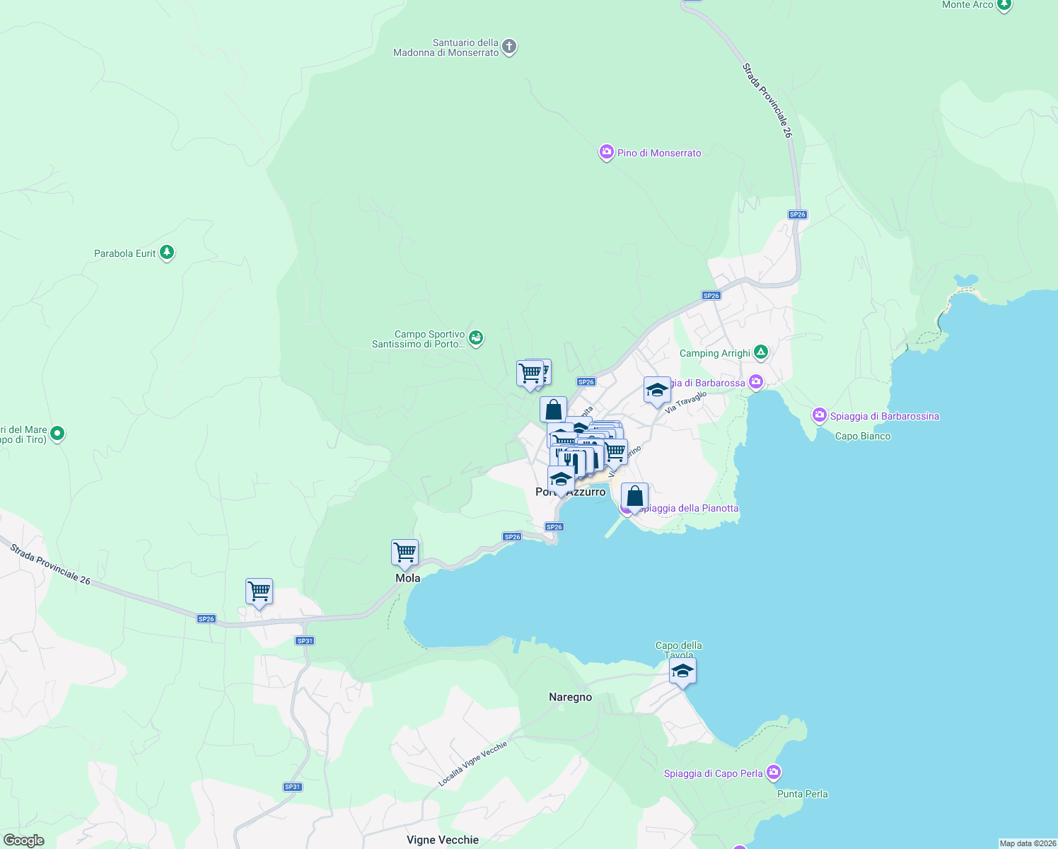 map of restaurants, bars, coffee shops, grocery stores, and more near 13 Viale Europa in Porto Azzurro