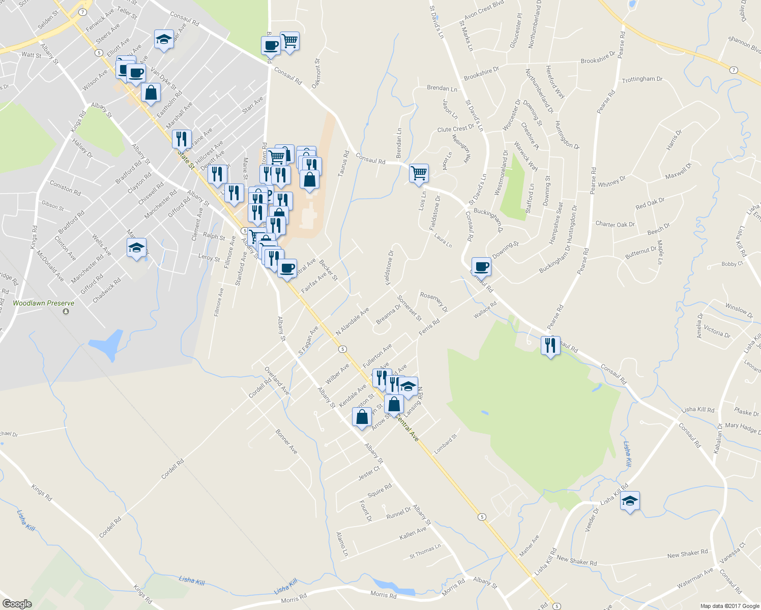 map of restaurants, bars, coffee shops, grocery stores, and more near 230 North Alandale Avenue in Schenectady
