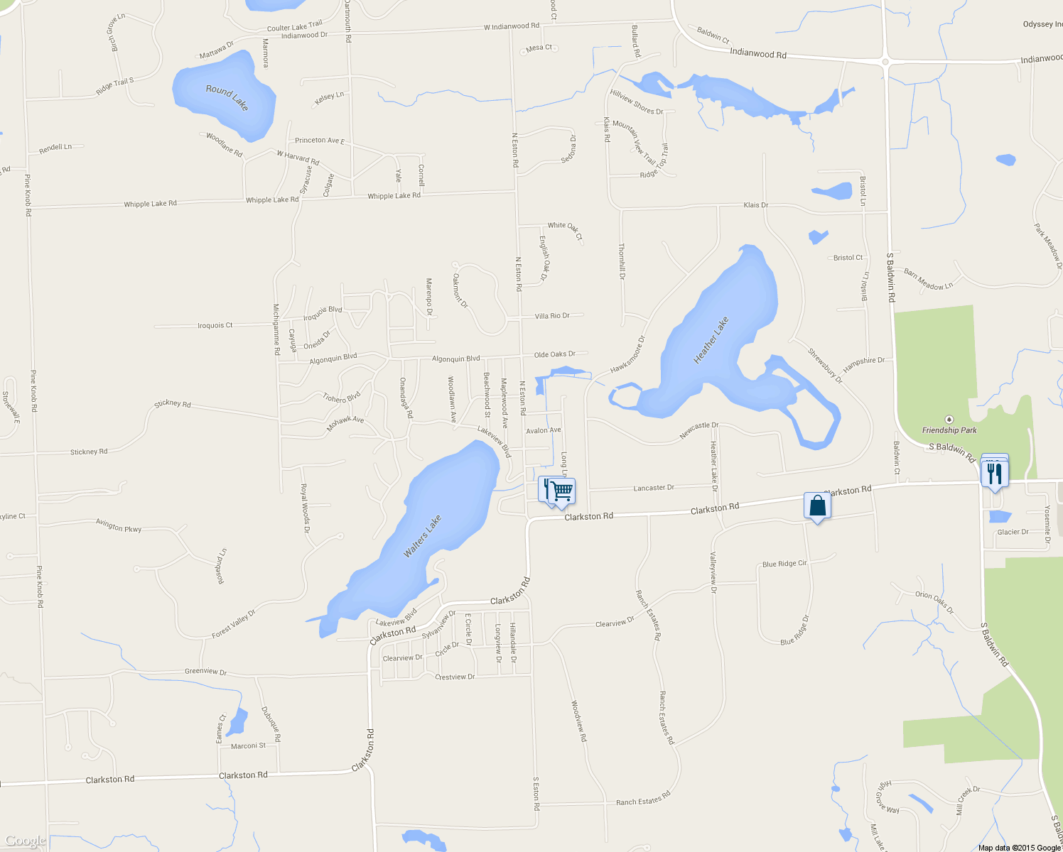 map of restaurants, bars, coffee shops, grocery stores, and more near 8746 North Eston Road in Clarkston