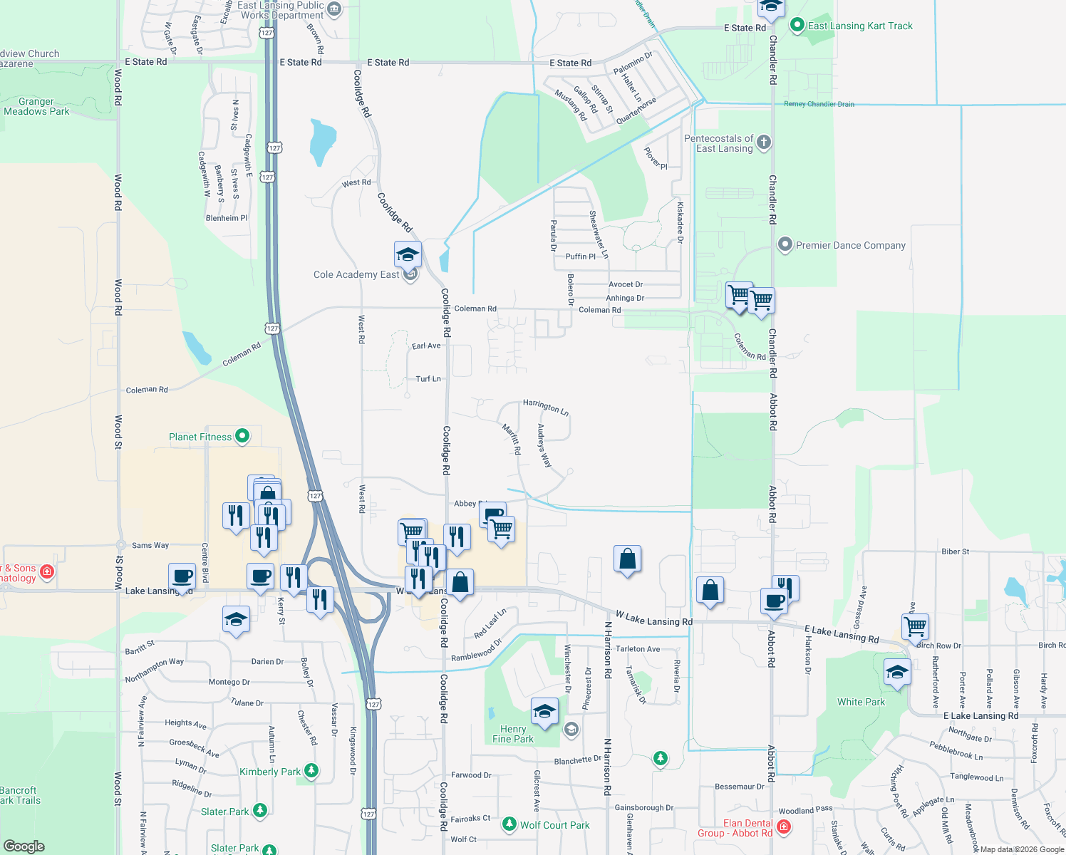 map of restaurants, bars, coffee shops, grocery stores, and more near 2933 Audreys Way in East Lansing
