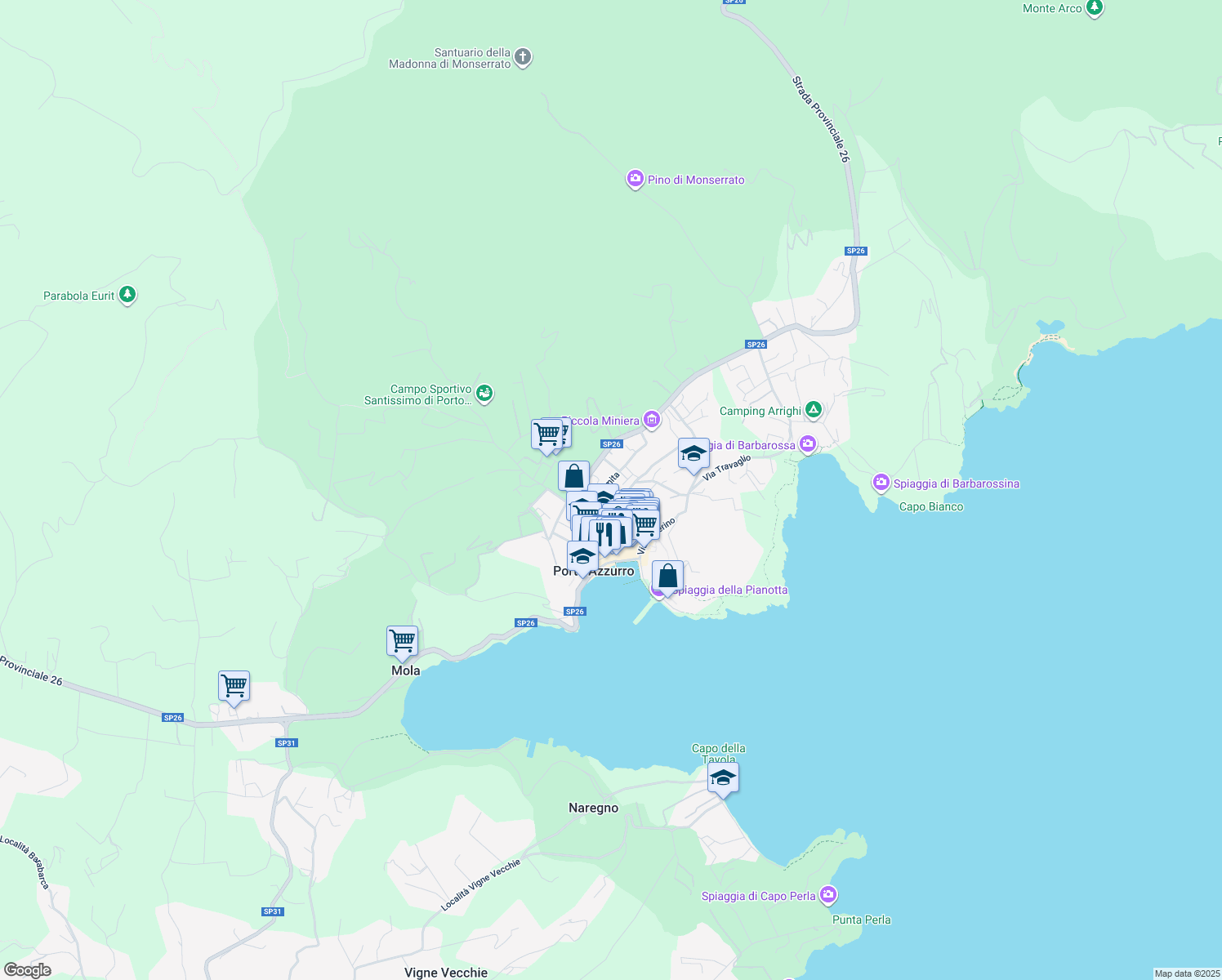 map of restaurants, bars, coffee shops, grocery stores, and more near 4 Via Romita in Porto Azzurro