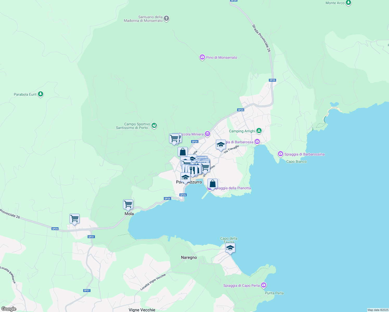 map of restaurants, bars, coffee shops, grocery stores, and more near 4 Via Romita in Porto Azzurro
