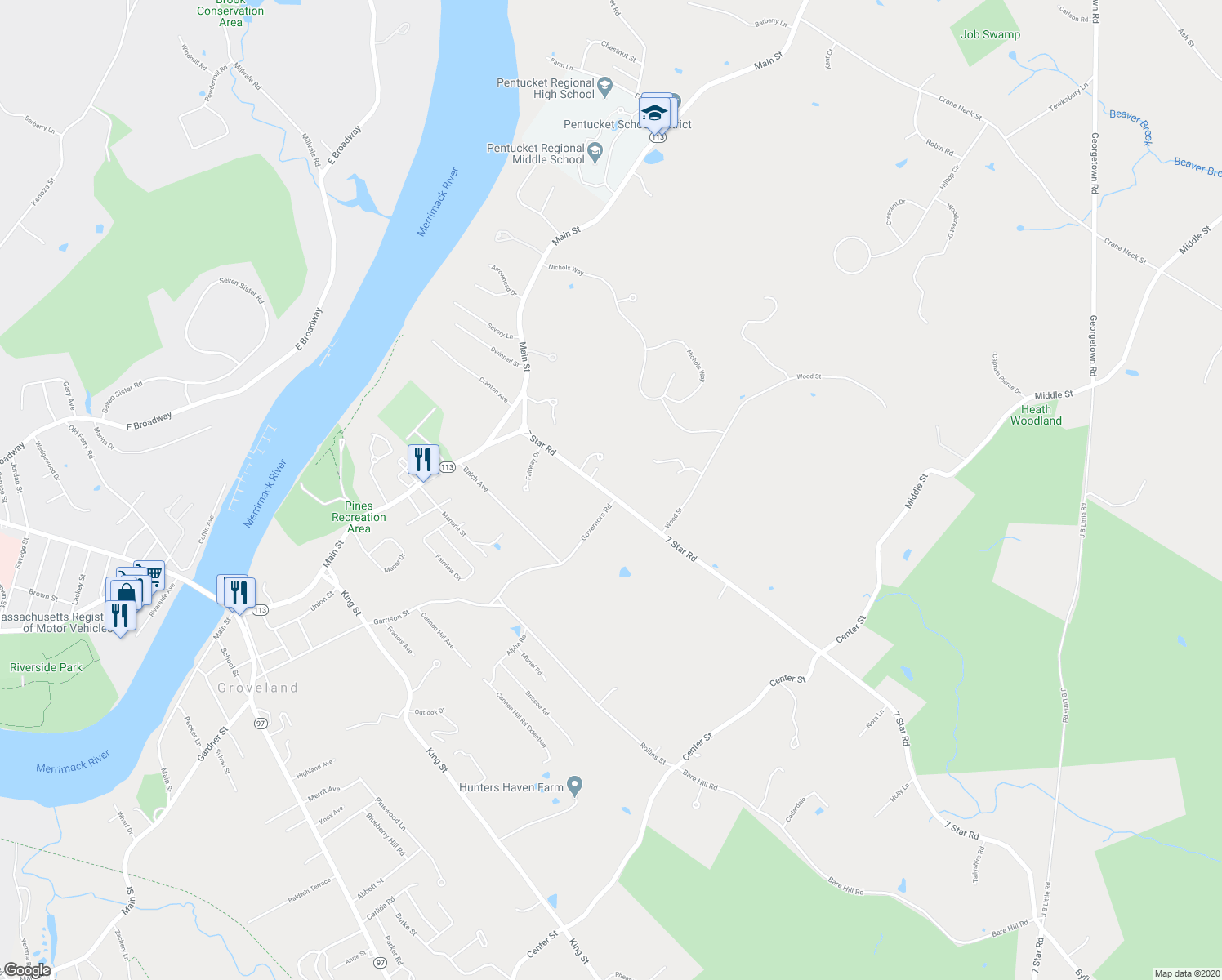 map of restaurants, bars, coffee shops, grocery stores, and more near 40 7 Star Road in Groveland