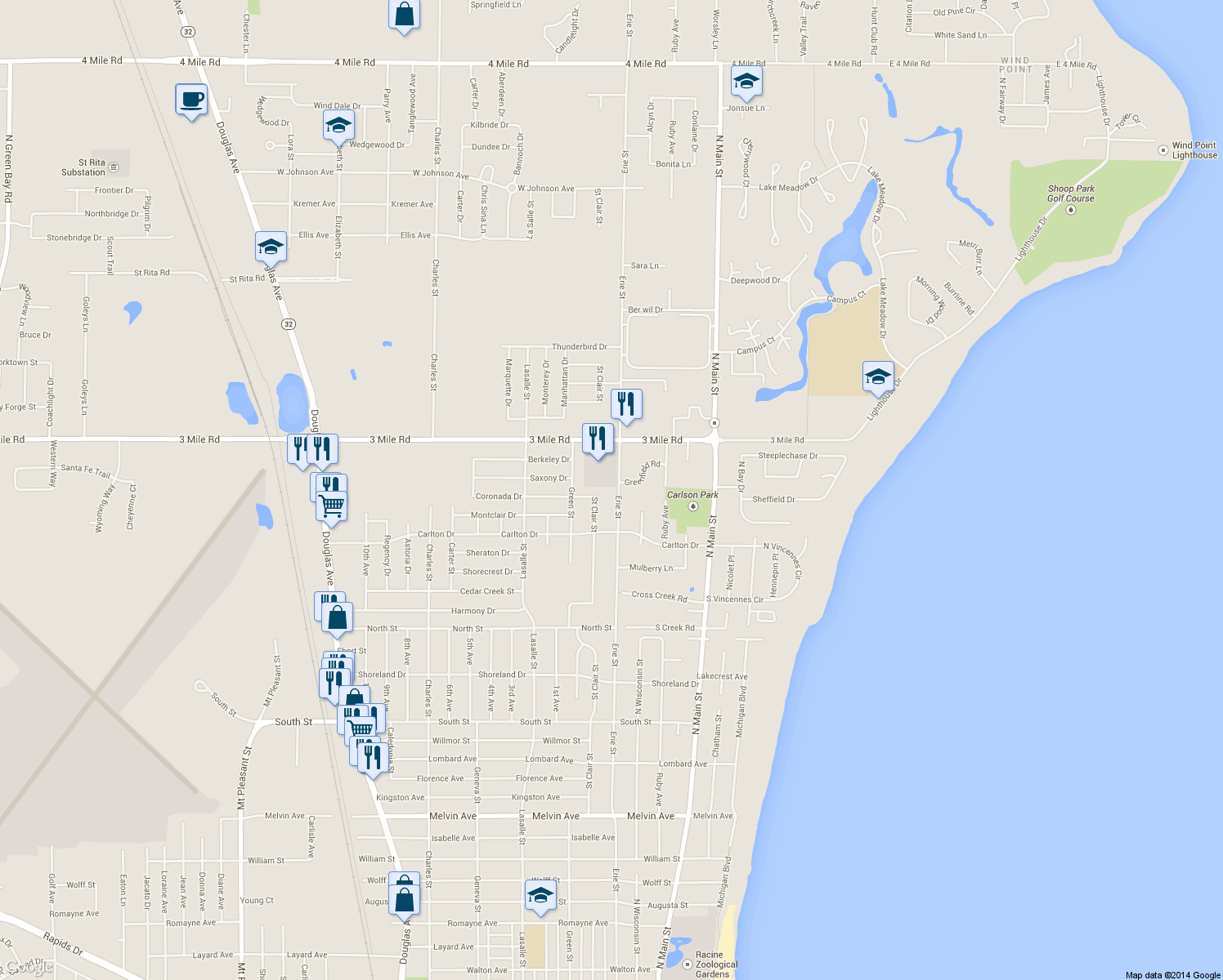 map of restaurants, bars, coffee shops, grocery stores, and more near 3824 Erie St in Racine