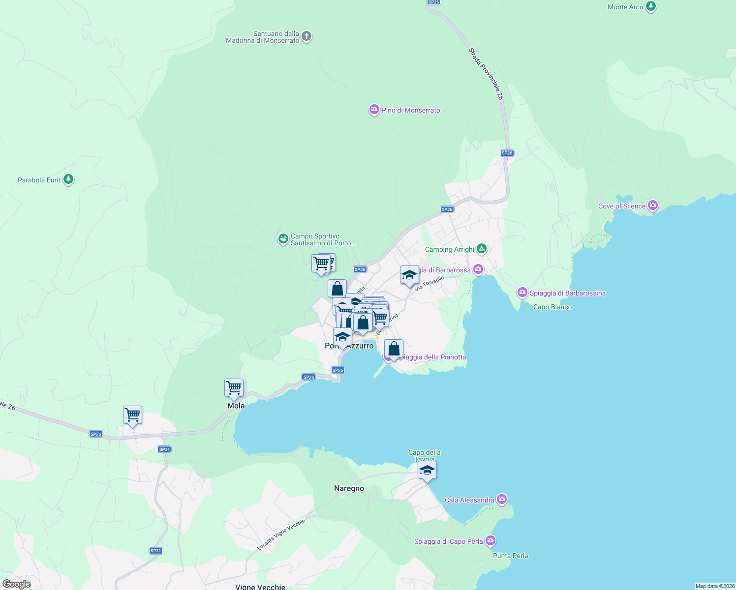 map of restaurants, bars, coffee shops, grocery stores, and more near 29 Via Casina in Porto Azzurro
