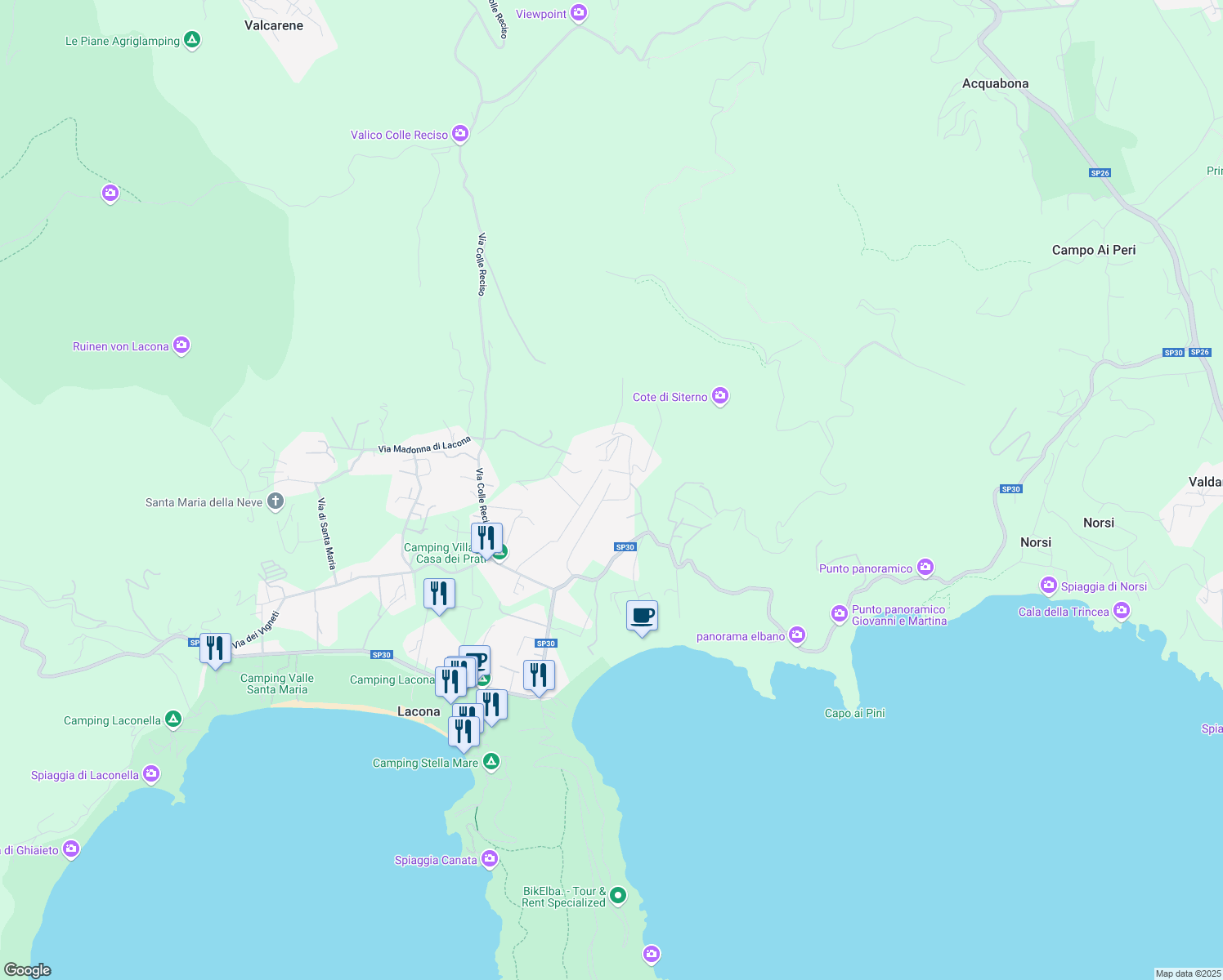 map of restaurants, bars, coffee shops, grocery stores, and more near 377D Via del Canale in Lacona