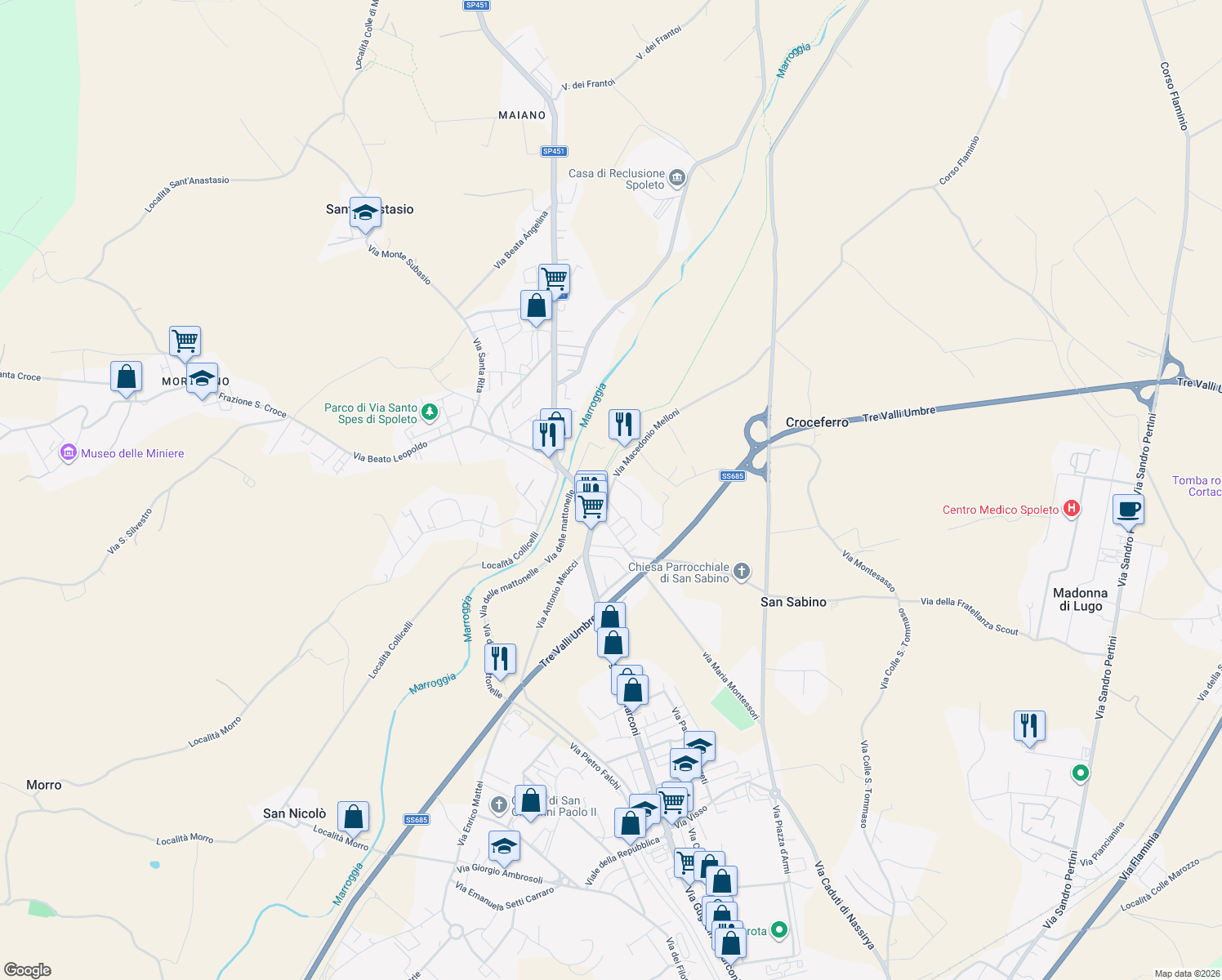 map of restaurants, bars, coffee shops, grocery stores, and more near 11 Via Macedonio Melloni in Spoleto