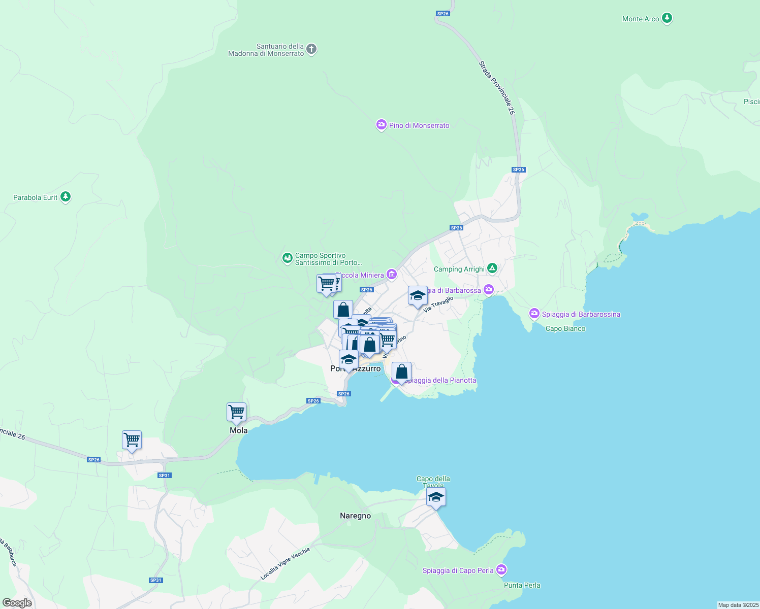map of restaurants, bars, coffee shops, grocery stores, and more near 28 Via Ilario Zambelli in Porto Azzurro