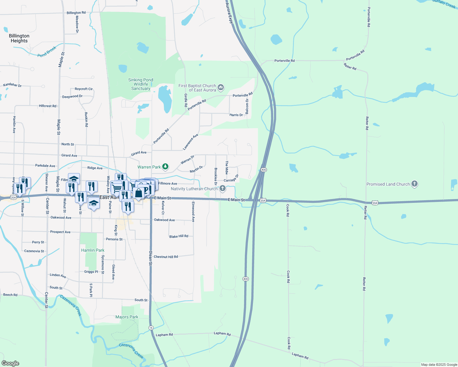 map of restaurants, bars, coffee shops, grocery stores, and more near 1231 Carriage Drive in East Aurora