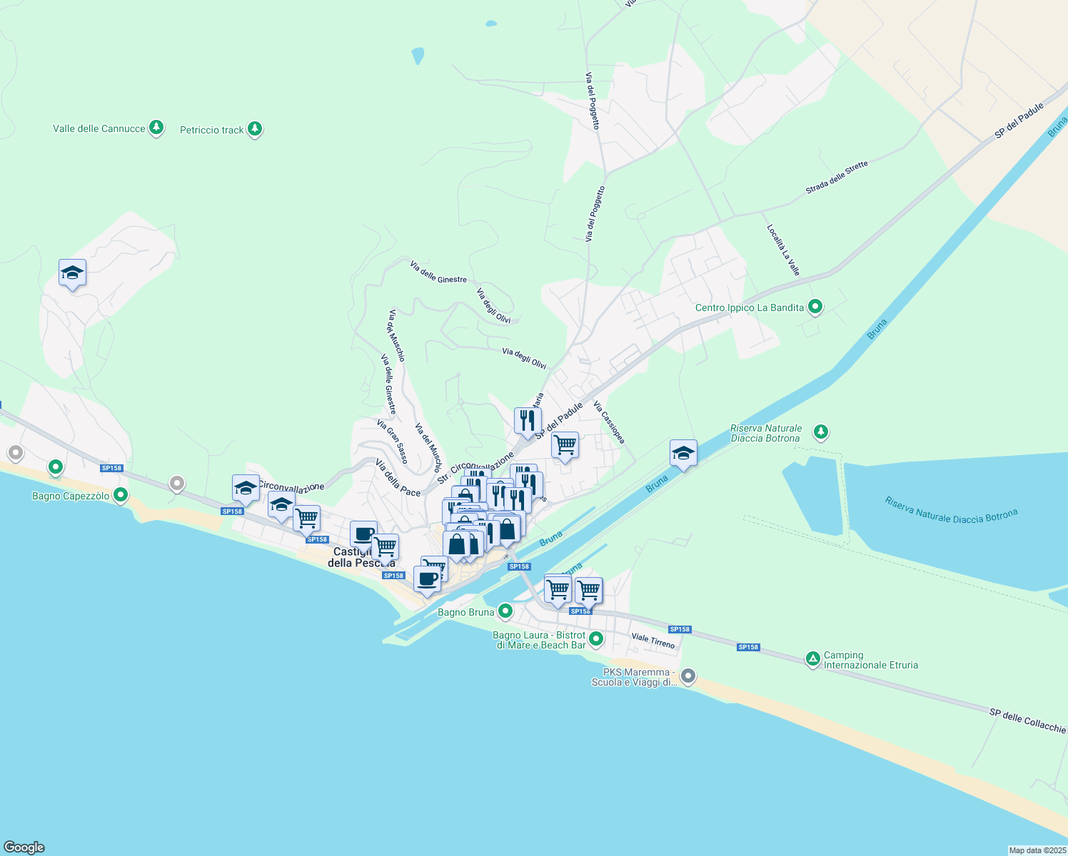 map of restaurants, bars, coffee shops, grocery stores, and more near 3 Strada Provinciale del Padule in Castiglione della Pescaia