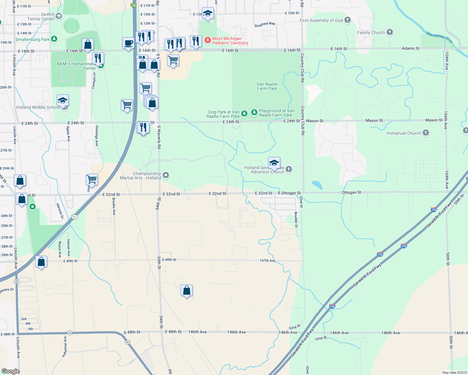 map of restaurants, bars, coffee shops, grocery stores, and more near 752 Beechcreek Drive in Holland
