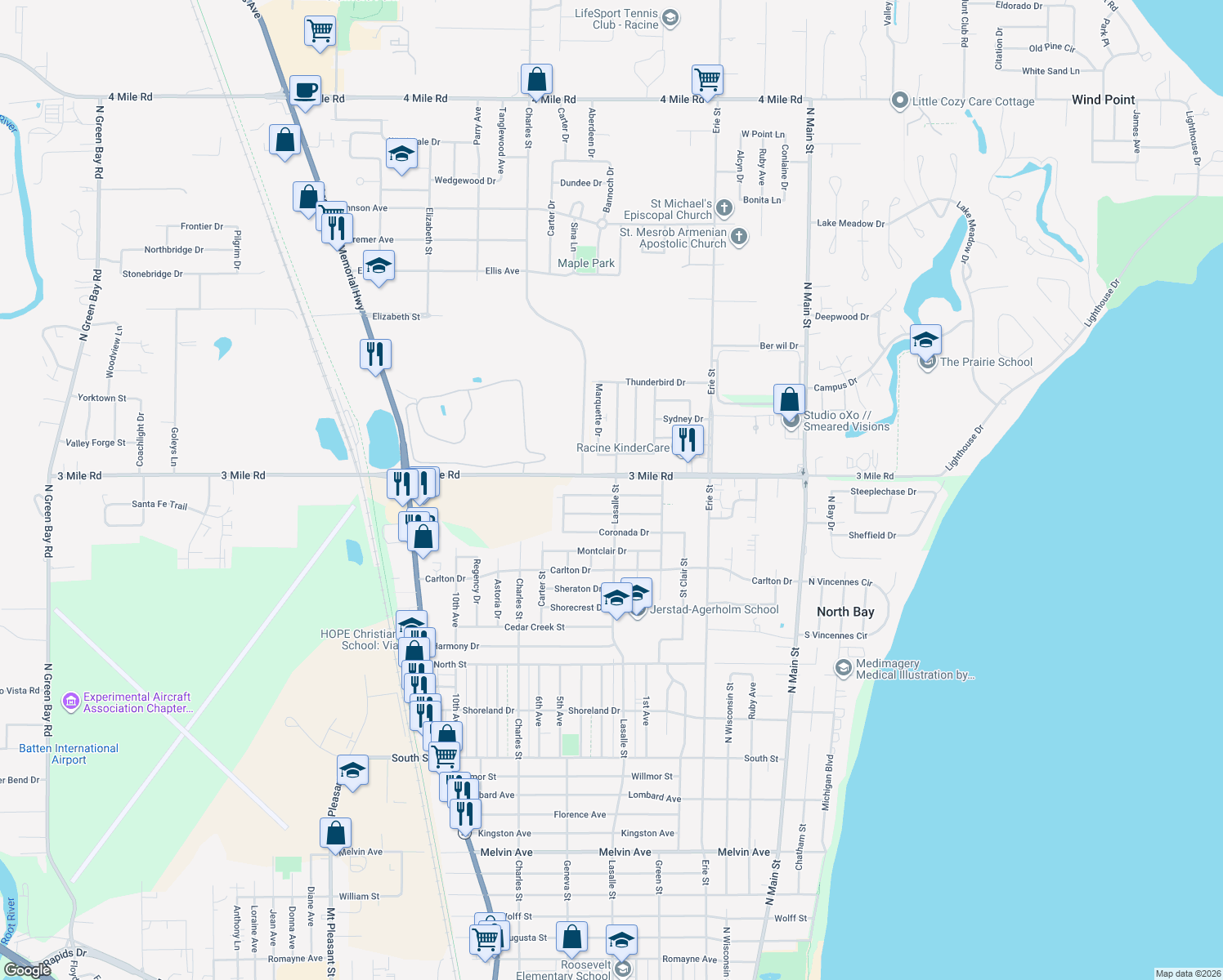 map of restaurants, bars, coffee shops, grocery stores, and more near 3930 Lasalle Street in Racine