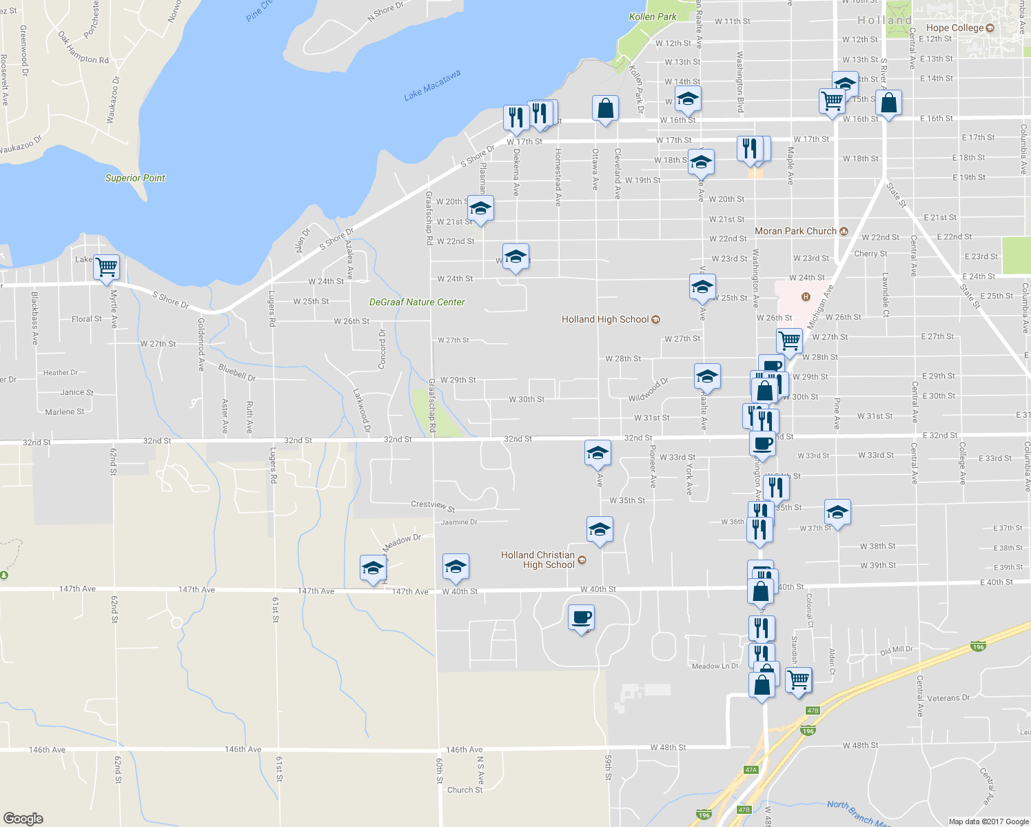 map of restaurants, bars, coffee shops, grocery stores, and more near 549 31st Street in Holland