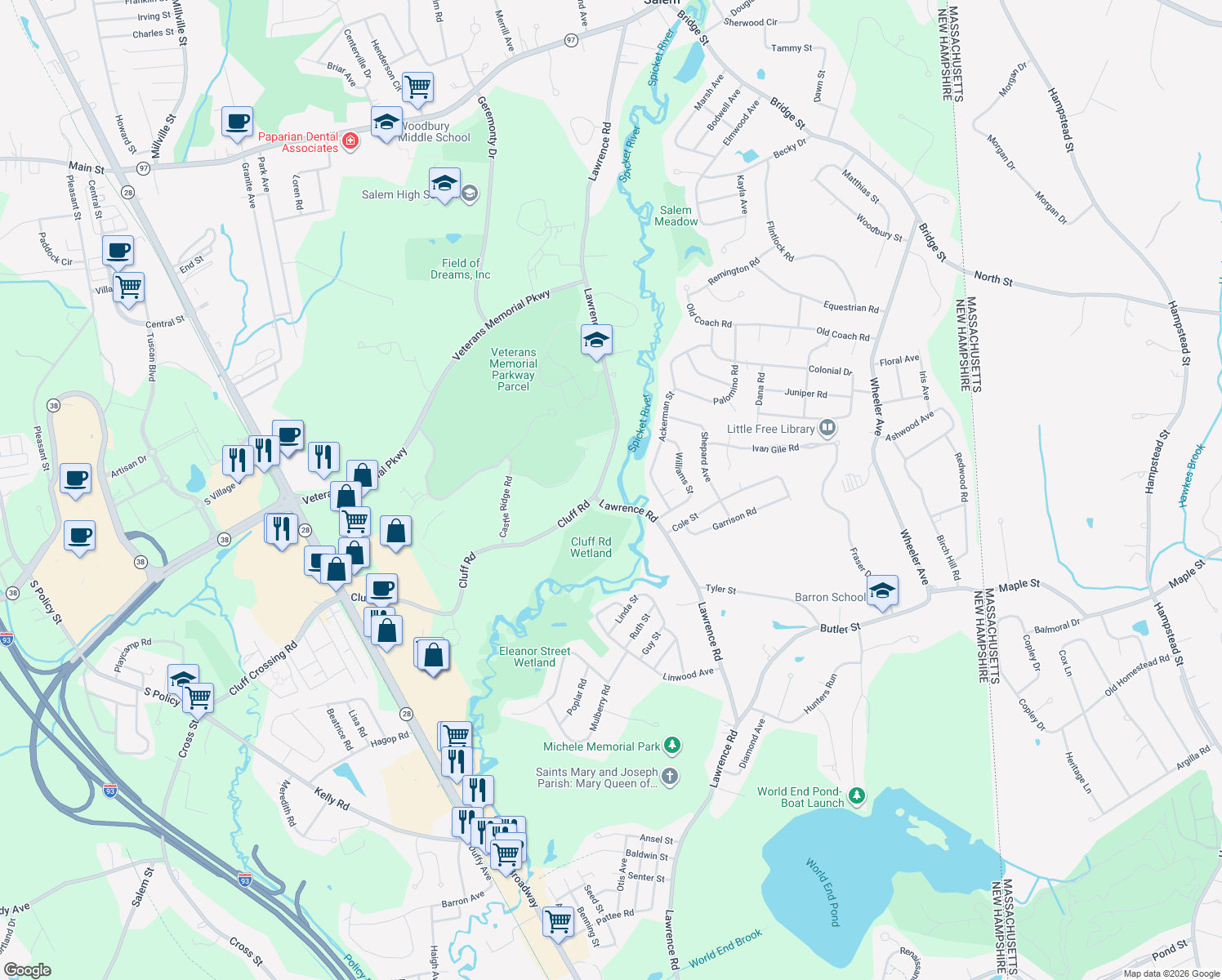map of restaurants, bars, coffee shops, grocery stores, and more near 115 Lawrence Road in Salem