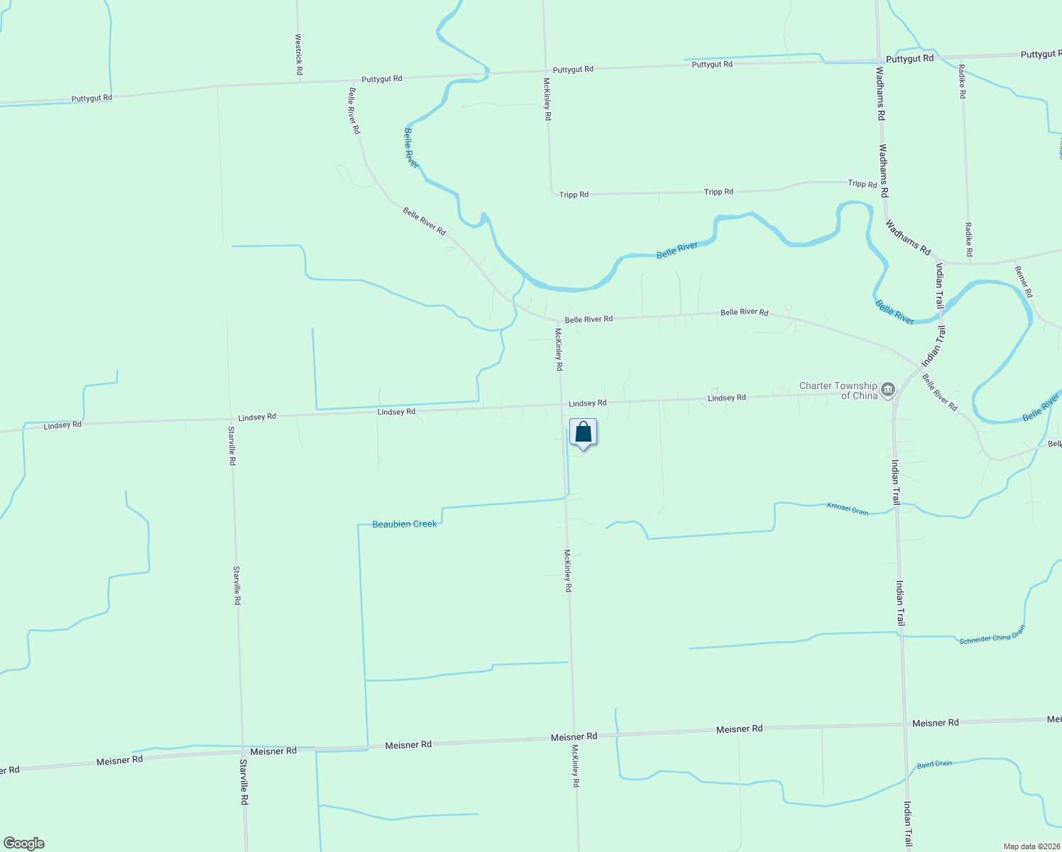 map of restaurants, bars, coffee shops, grocery stores, and more near 6553 Lindsey Road in China Township