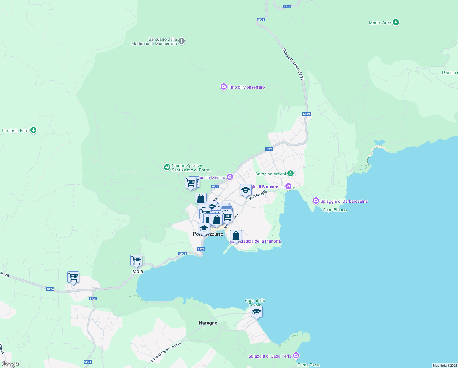 map of restaurants, bars, coffee shops, grocery stores, and more near 28 Via Ilario Zambelli in Porto Azzurro