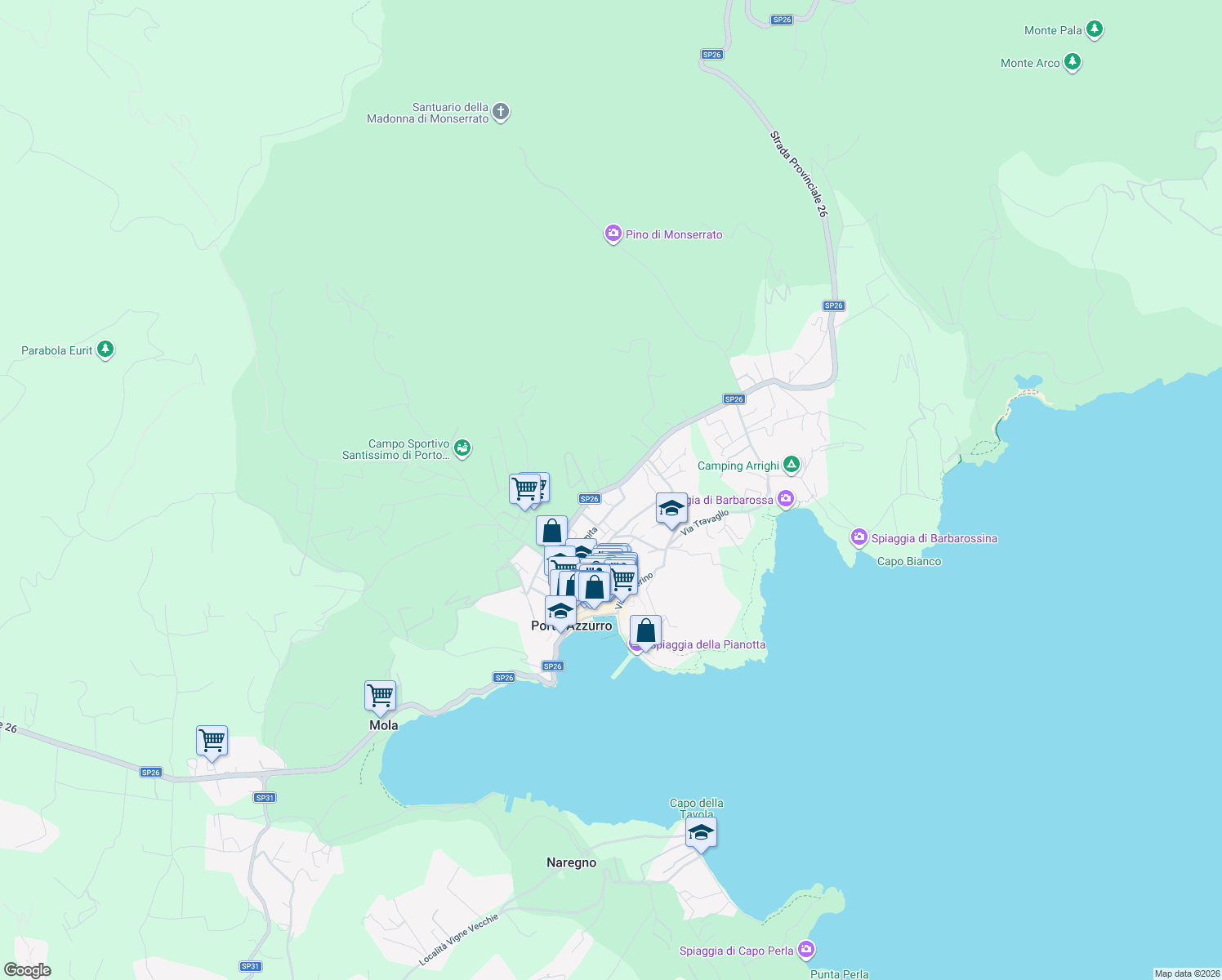 map of restaurants, bars, coffee shops, grocery stores, and more near 28 Via Ilario Zambelli in Porto Azzurro